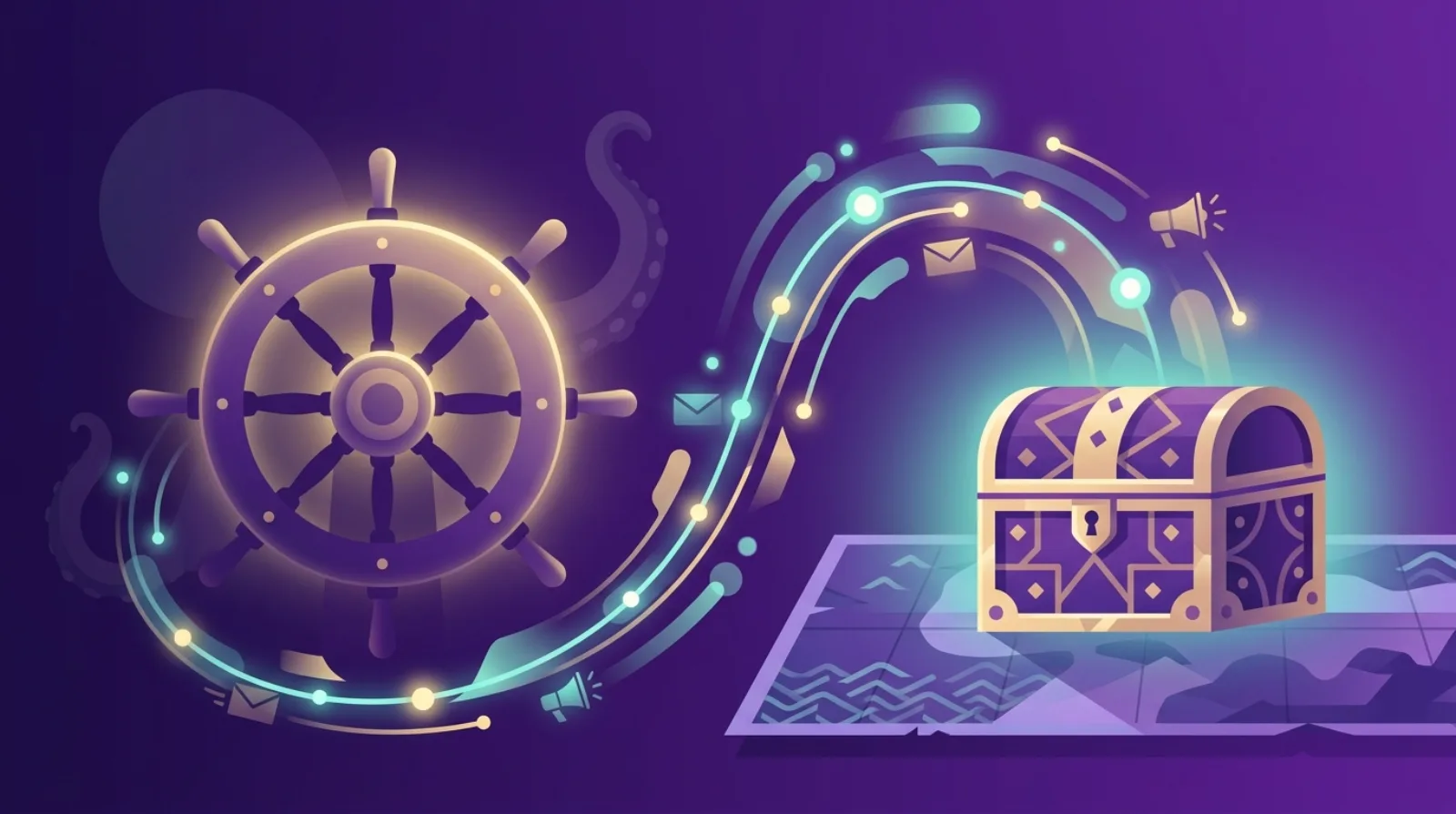 Flat illustration of a treasure map with glowing data streams flowing between a ship's helm and a marketplace chest, symbolizing a marketing handover after an online business acquisition