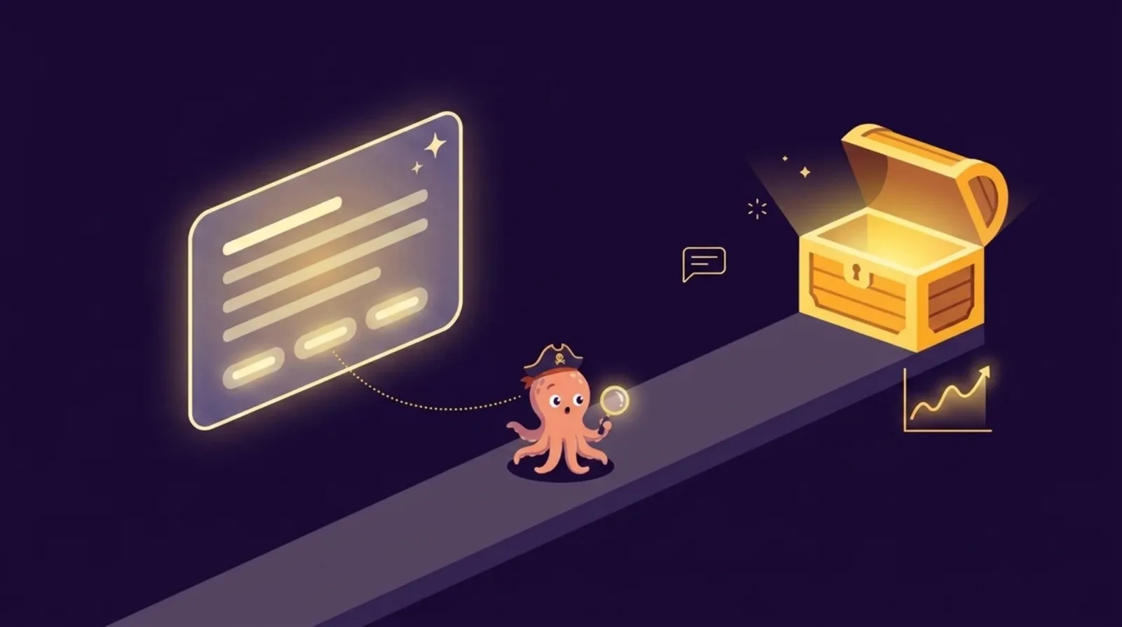 Editorial illustration of an AI search results panel citing sources, overlaid on an online-business acquisition due-diligence checklist with organic traffic graphs