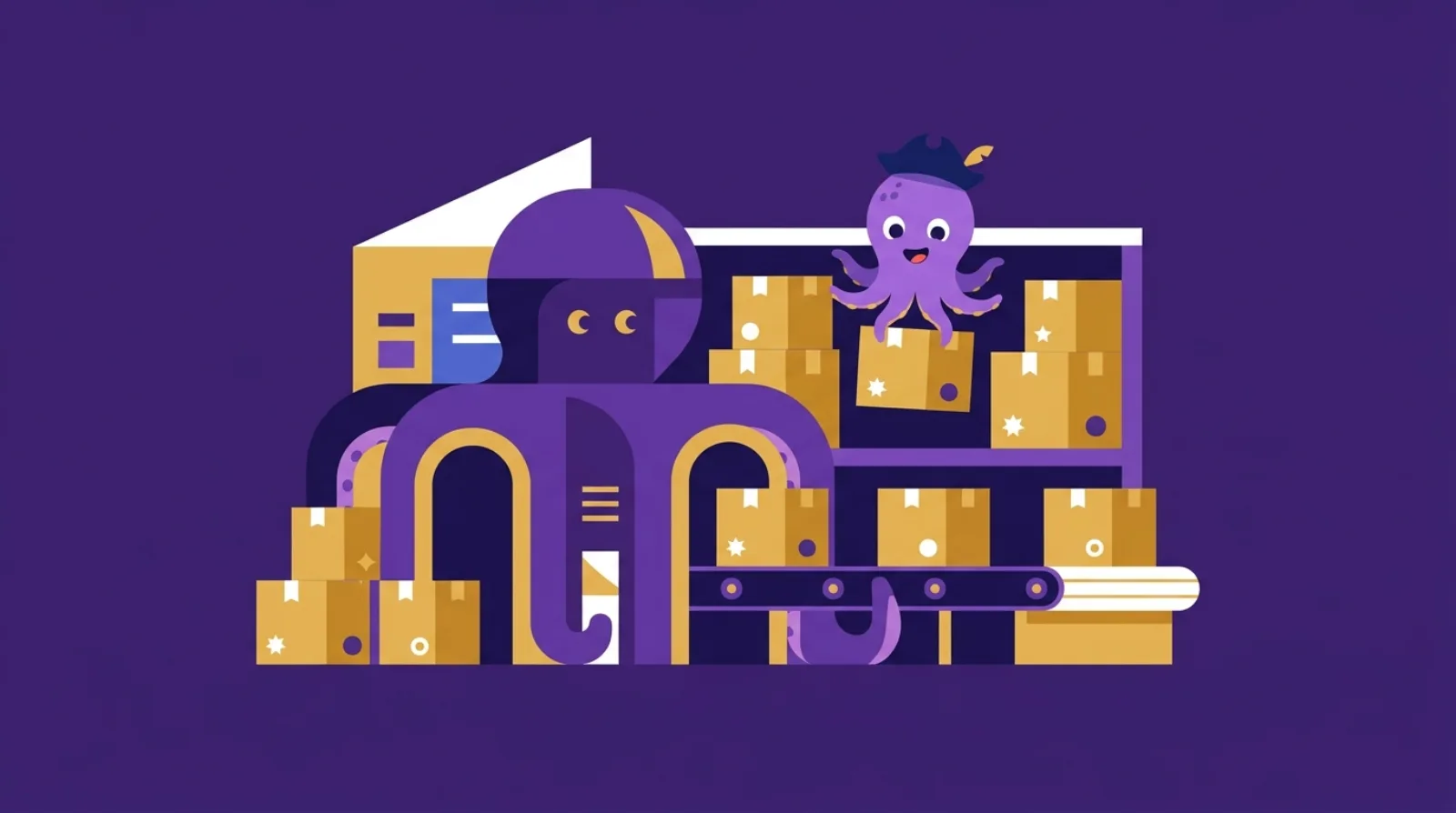 Flat editorial illustration of a stylized fulfillment warehouse with stacked boxes on a conveyor belt and an octopus mascot symbolising an Amazon FBA business marketplace