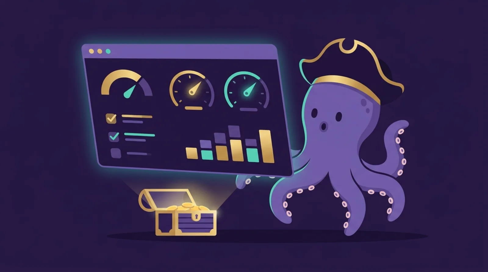 Flat illustration of a pirate octopus beside a glowing gauge dashboard and treasure chest, symbolizing mobile app technical due diligence.