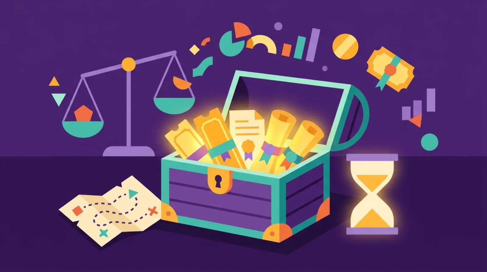 Octopus pirate mascot inspects a treasure chest with a ticking meter and stacked lifetime-access scrolls, symbolizing hidden lifetime-deal liabilities when buying a SaaS business