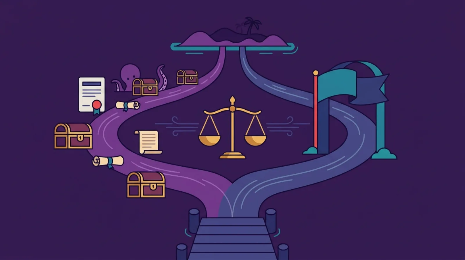 Editorial illustration of two treasure-map paths to an island: one lined with chests, the other a company-flag arch, scales weighing the choice.