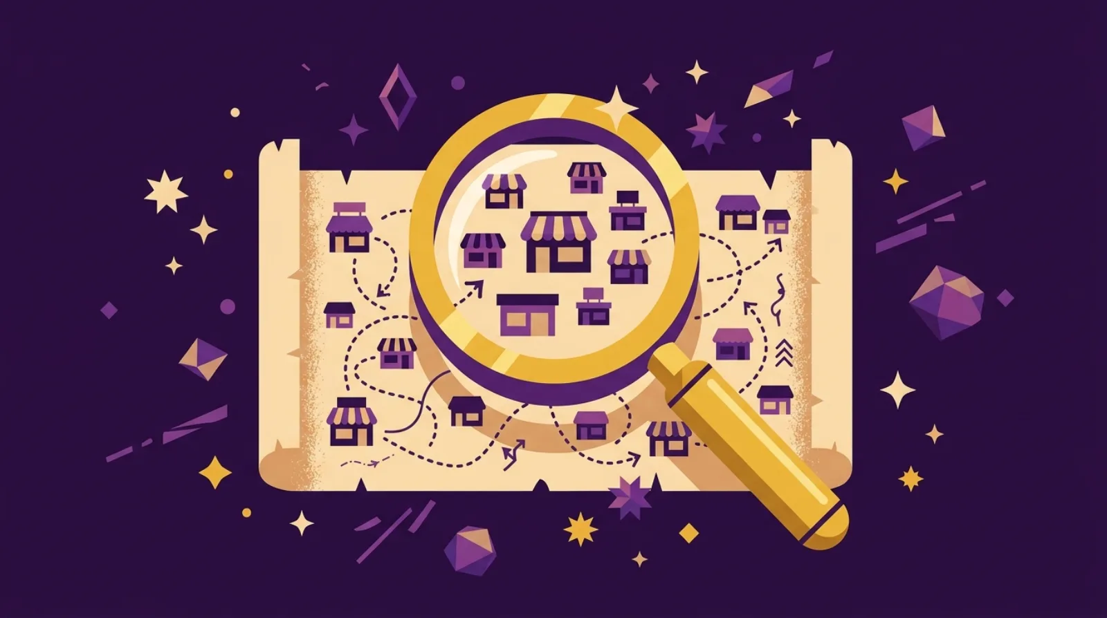 Flat editorial illustration of a golden magnifying glass hovering over a treasure-map scroll dotted with storefront icons — best marketplaces to buy online businesses