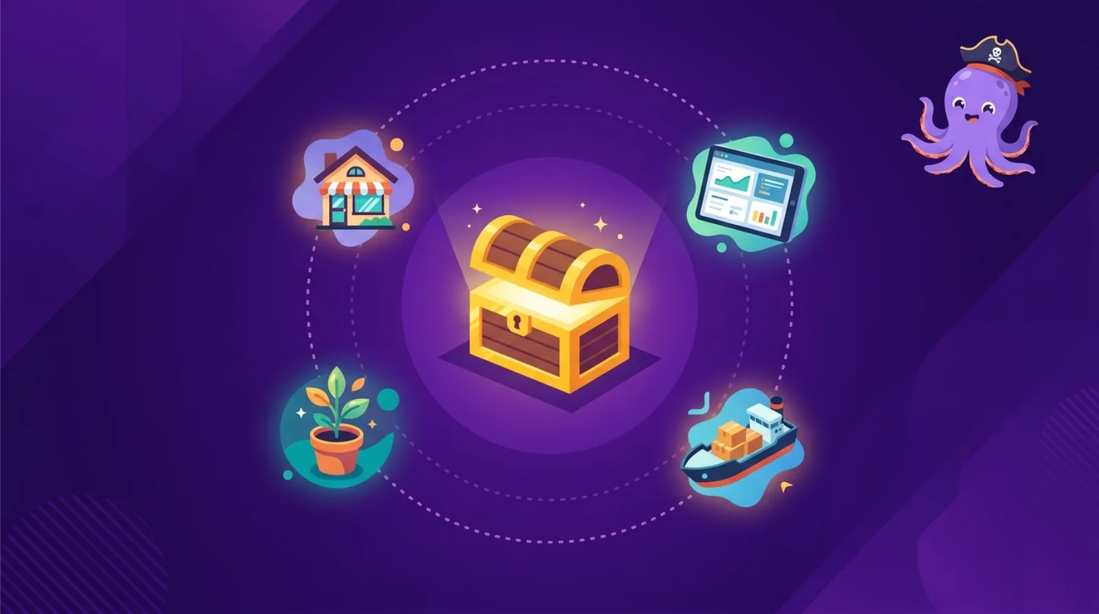 Flat editorial illustration of a glowing treasure chest surrounded by orbiting online-business icons — a house, a tablet, a boat and a plant — symbolising a portfolio of online businesses