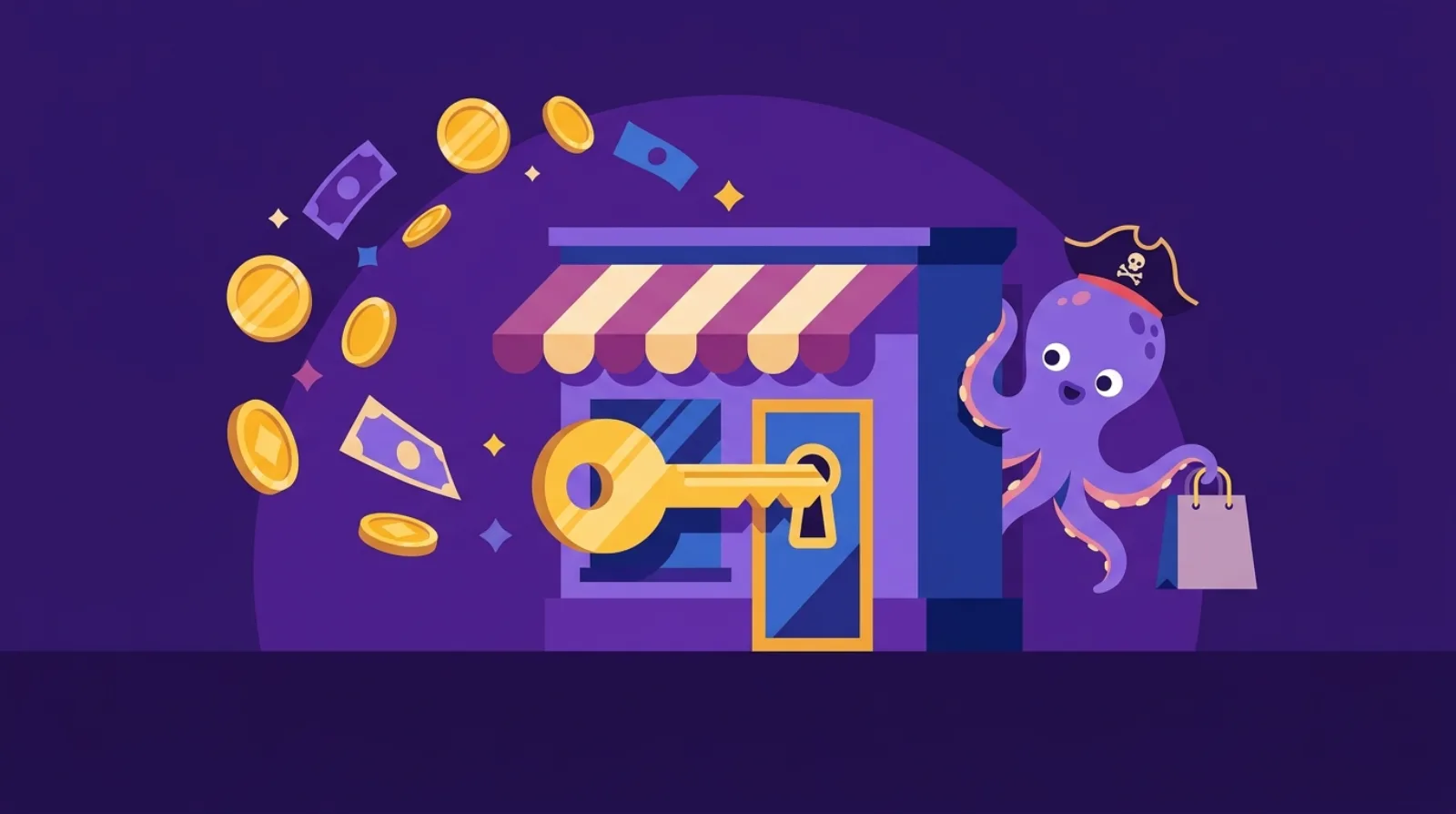 Flat editorial illustration of a golden key unlocking a stylized storefront with floating gold coins and an octopus mascot — buying an e-commerce business for sale