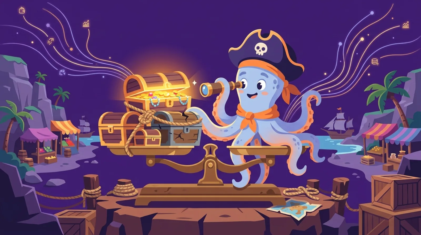 Flippy the pirate octopus of Flipagora sorts four different treasure chests tied together with rope on a scale, representing evaluating each asset in a multi-site website bundle deal, dark purple background