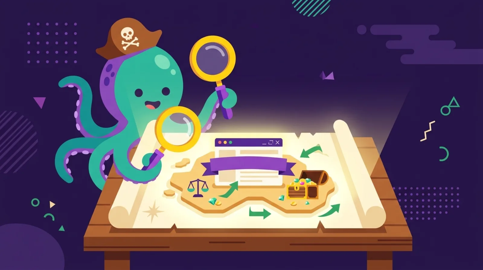Flat editorial illustration of a pirate octopus mascot examining a glowing treasure map shaped like a website domain, dark purple background