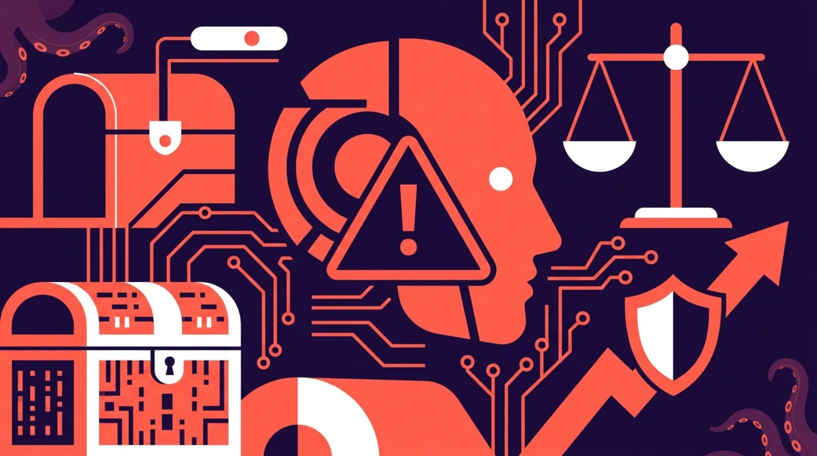 Flat editorial illustration on dark purple background β Flippy the octopus mascot inspecting an AI neural network dashboard with automation gears and a treasure map, representing due diligence for AI SaaS acquisitions