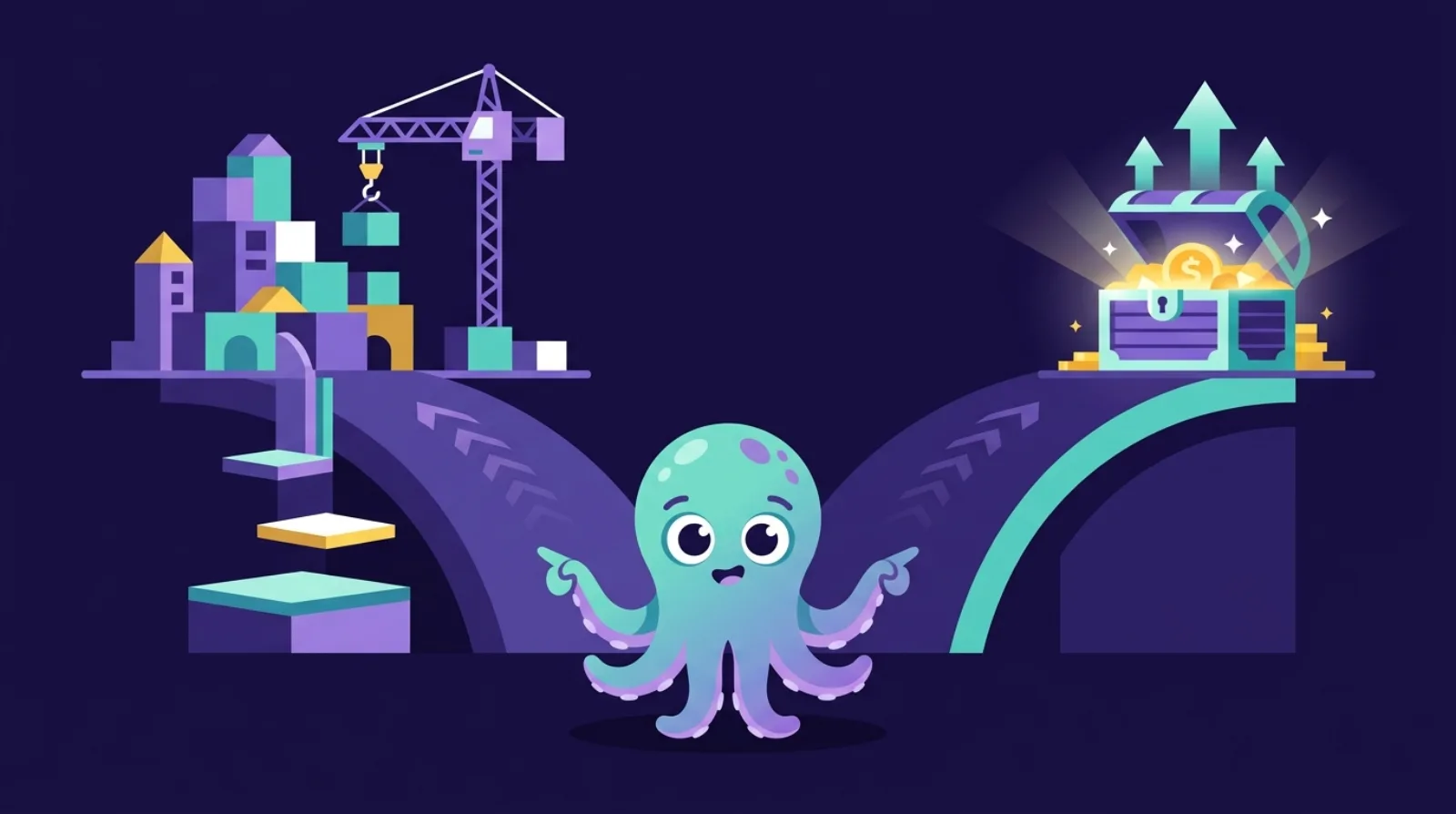 Editorial illustration of two paths β construction blocks building from scratch vs a glowing established treasure chest β symbolising the buy vs build decision for online businesses