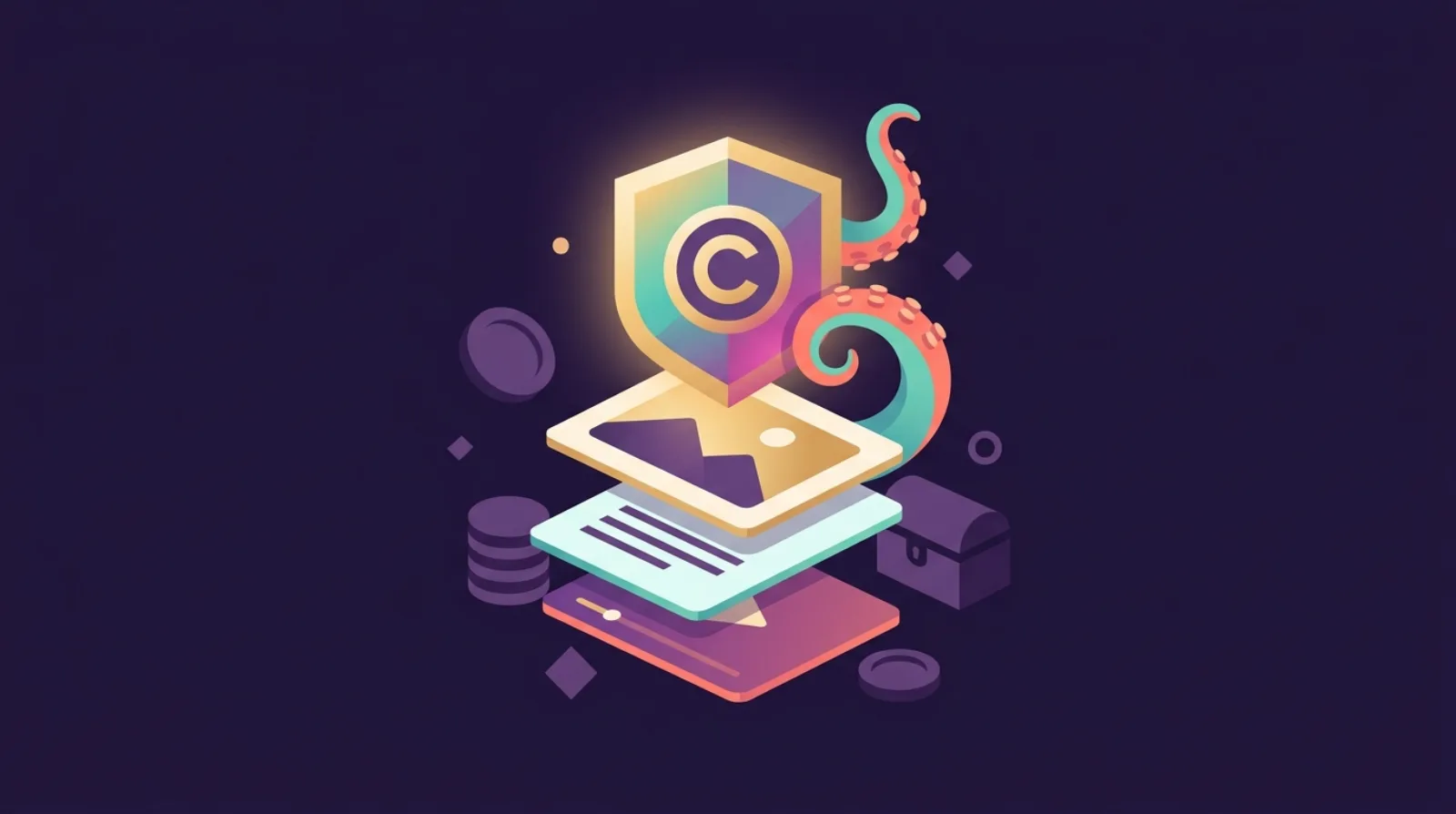 Editorial illustration of a copyright shield icon over layered content blocks β photos, text, and video β in a due diligence review context