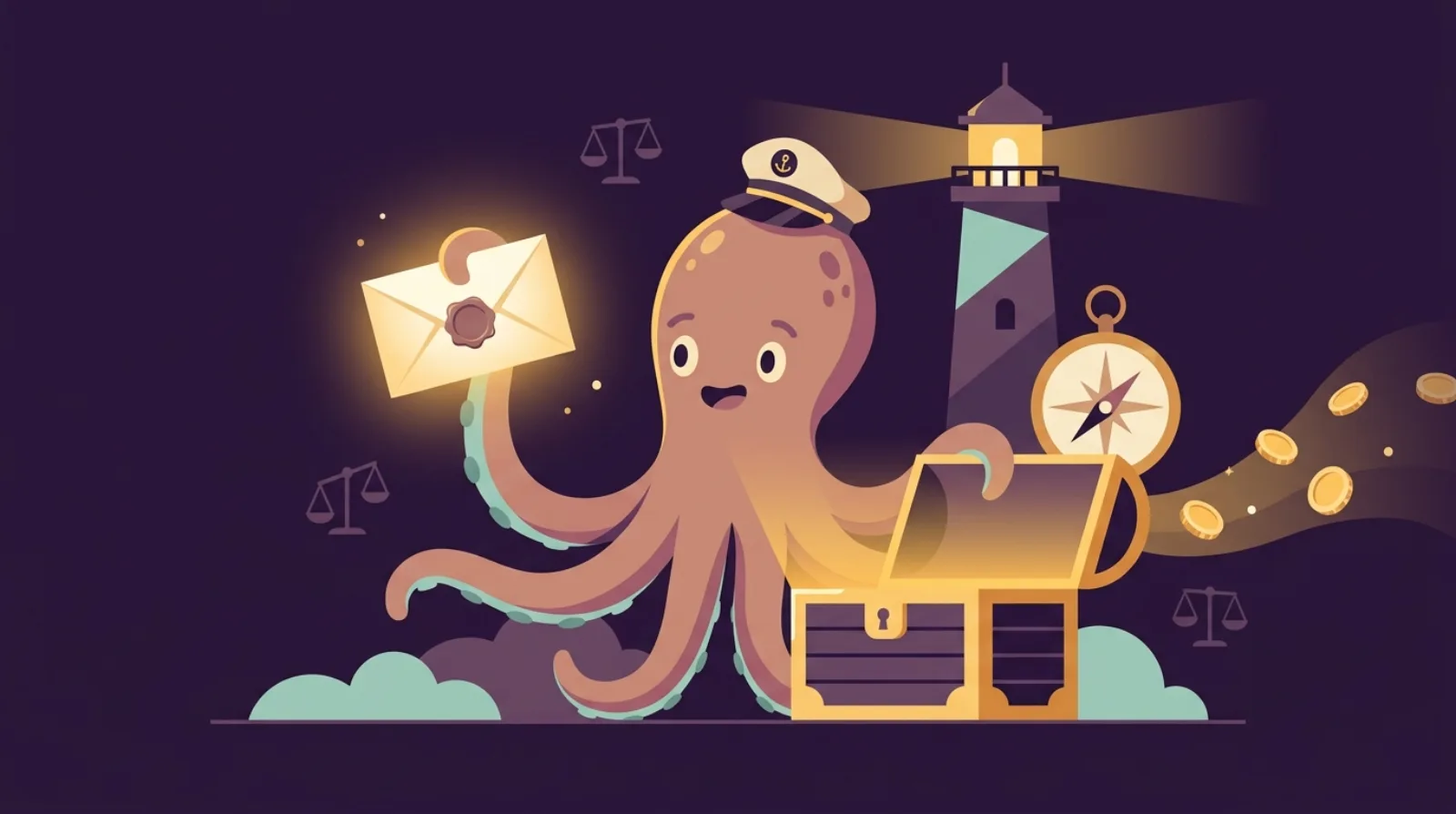 Flat illustration of a pirate octopus mailing an announcement letter by a treasure chest, symbolizing customer retention after a business acquisition.