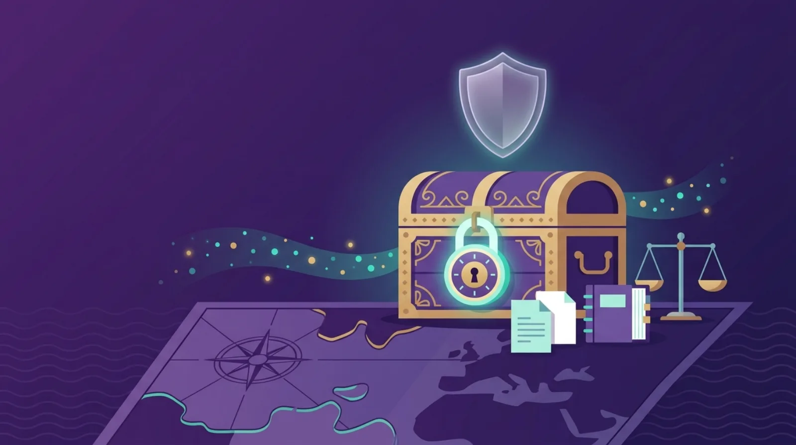 Flat illustration of a locked treasure chest guarded by a glowing shield, symbolizing data-privacy due diligence in an online business acquisition