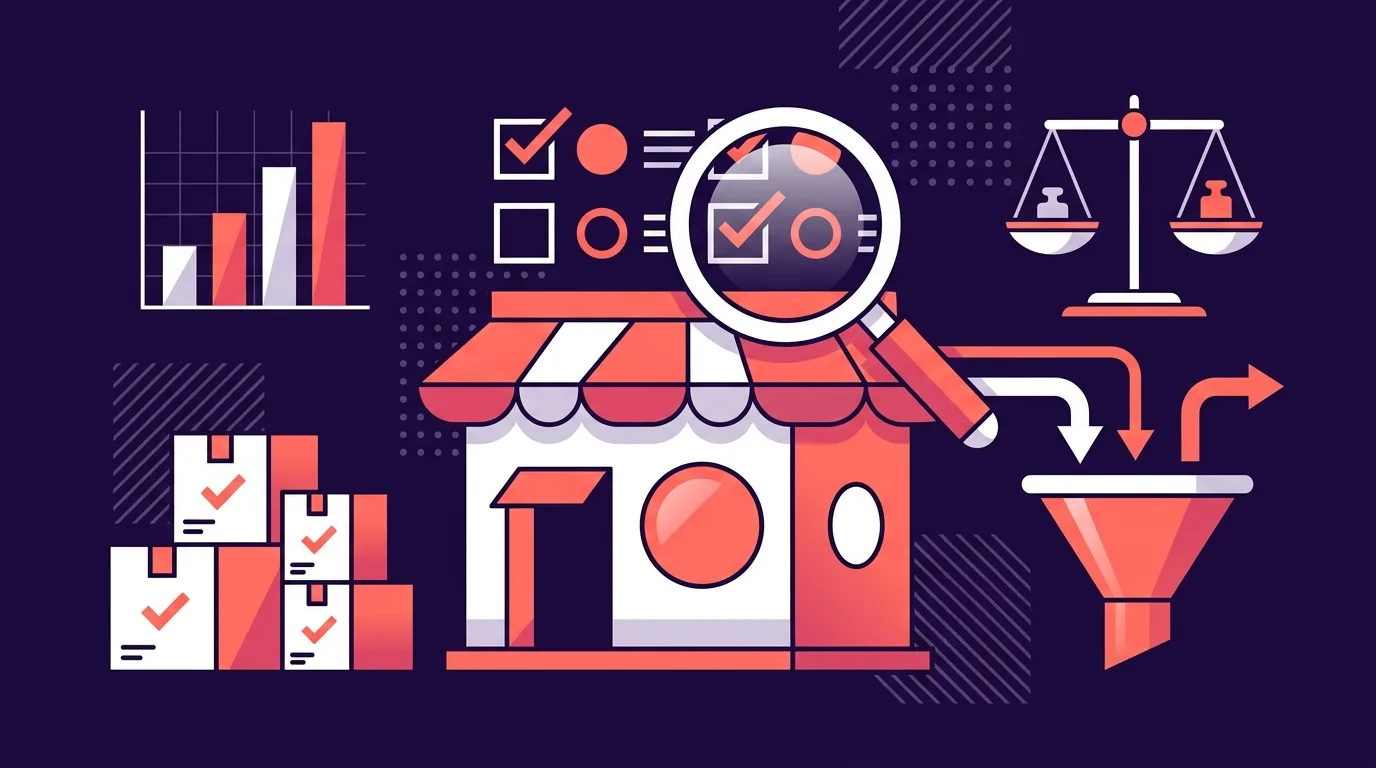 Purple flat-design illustration with a storefront icon, magnifying glass and due diligence checklist representing dropshipping business acquisition