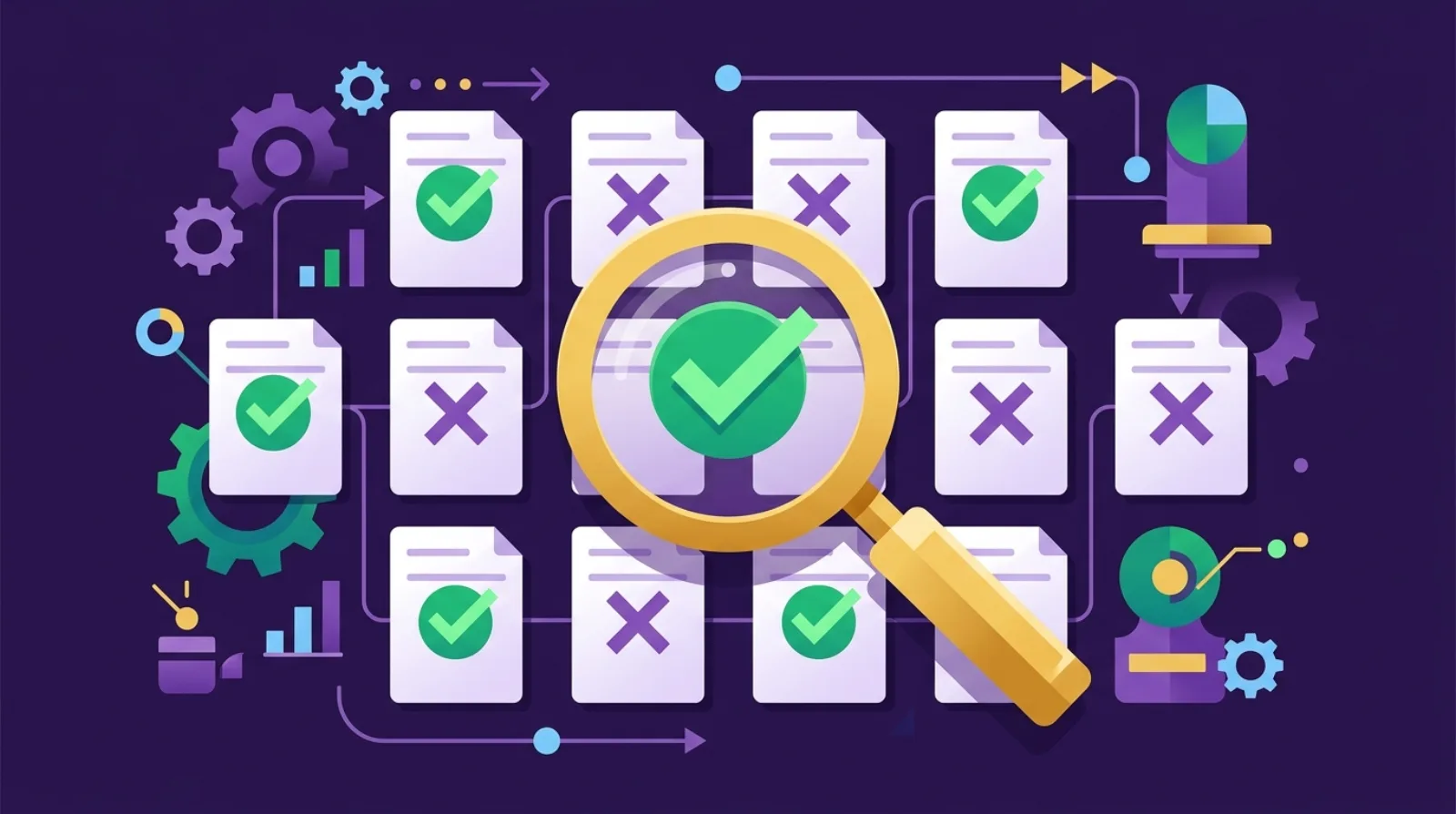 Flat editorial illustration of a magnifying glass inspecting a grid of document cards with green checkmarks and purple crosses — due diligence checklist for buying an online store