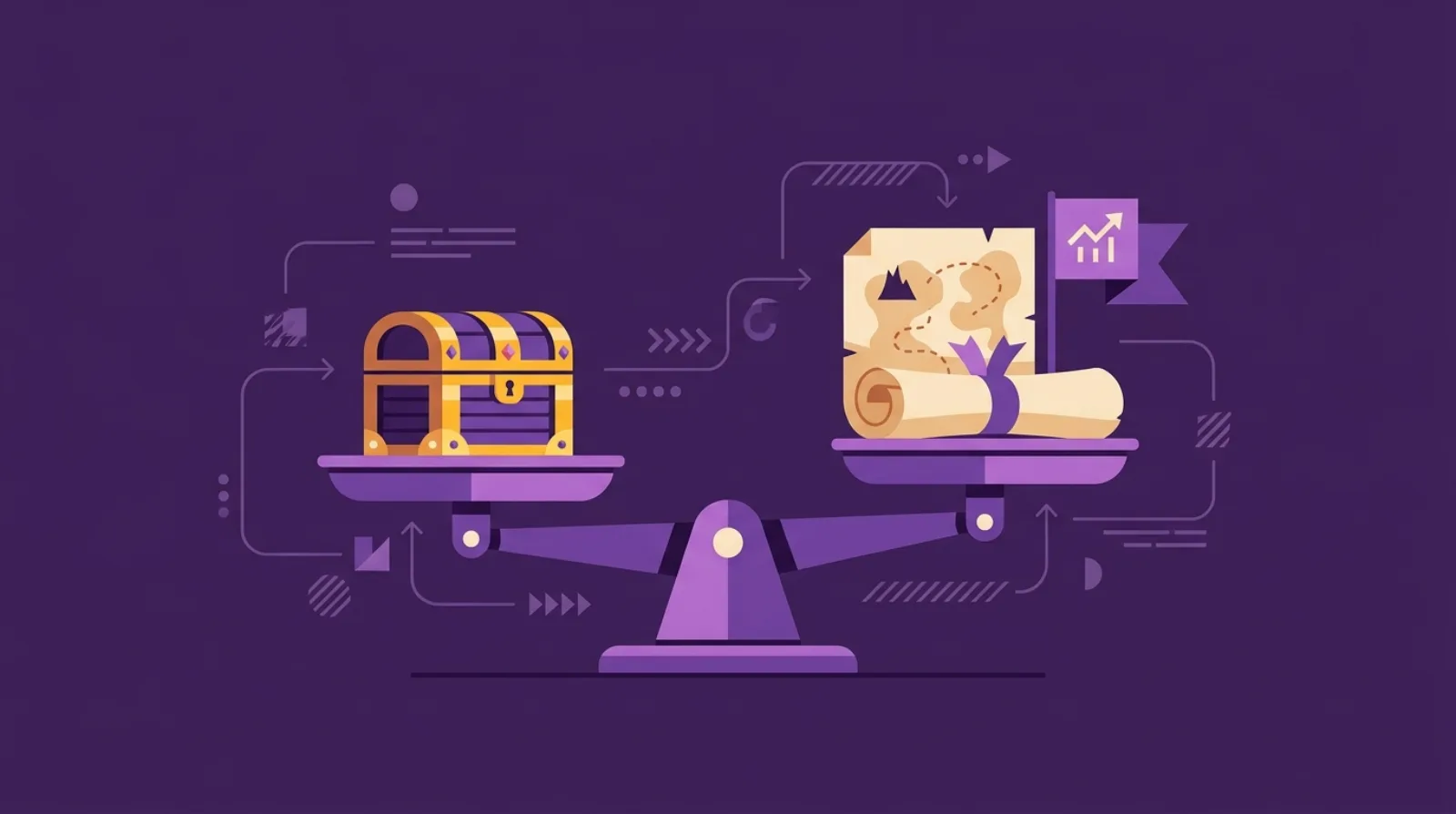 Flippy the pirate octopus mascot of Flipagora balancing a scale between an upfront treasure chest payment and a future earnout milestone map for online business acquisitions
