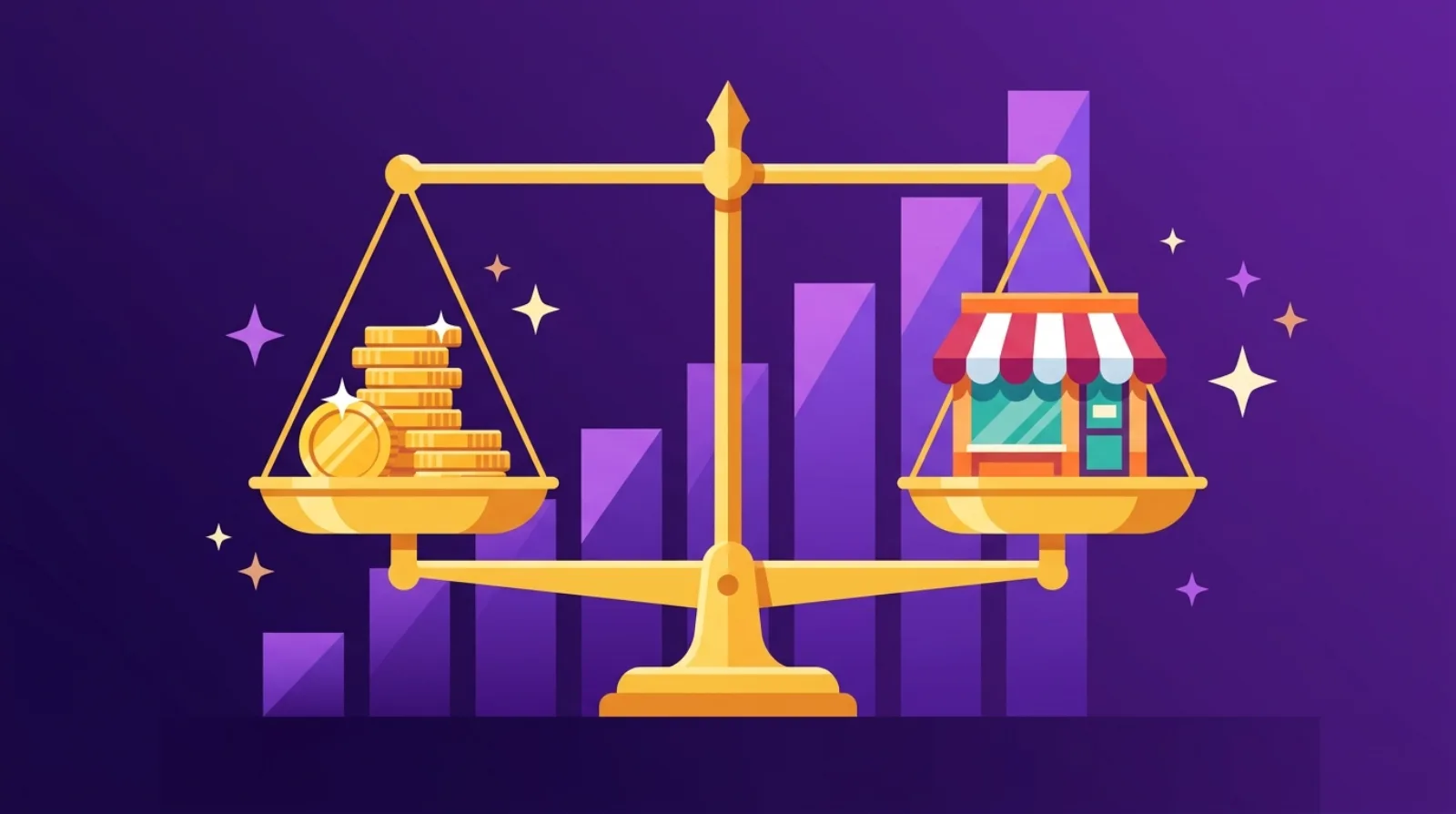 Flat editorial illustration of a golden balance scale weighing gold coins against a small storefront, with an ascending bar chart in the background — e-commerce business valuation multiples
