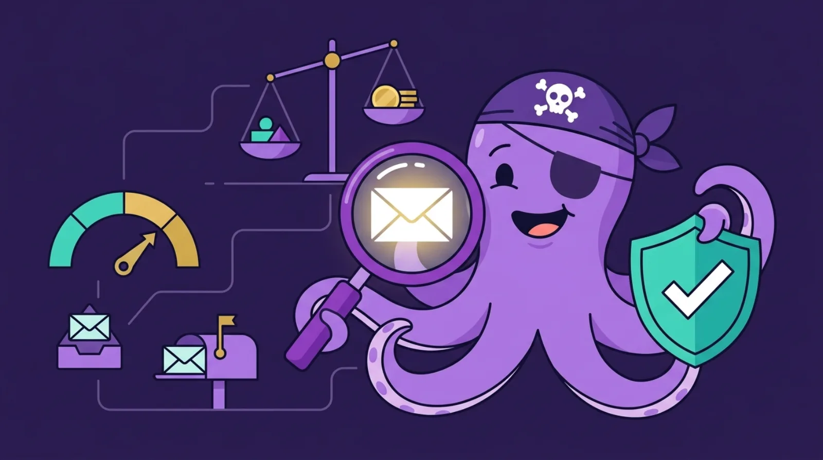 Editorial illustration of an email authentication dashboard - SPF, DKIM, DMARC checks and inbox placement graphs - in Flipagora's purple style