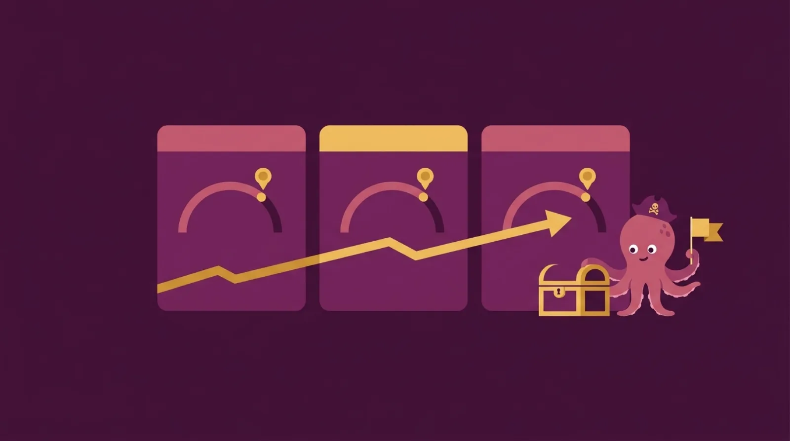 Flat editorial illustration of three monthly progress panels connected by an ascending golden arrow leading to a treasure chest with an octopus mascot — first 90 days after acquiring an online business