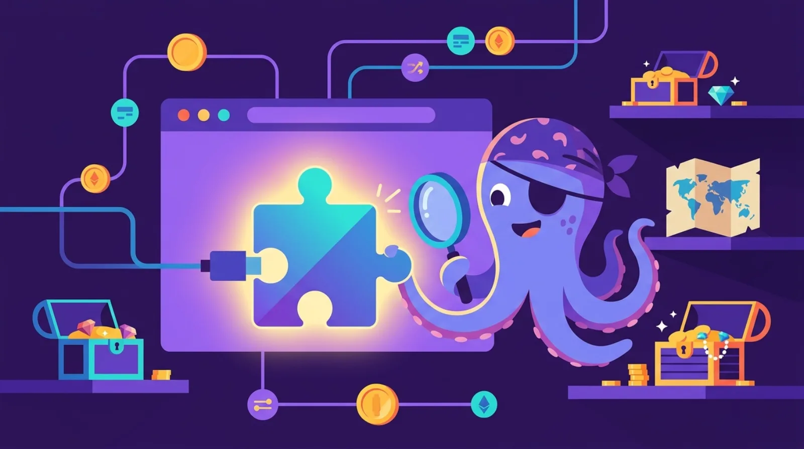 Flippy the pirate octopus of Flipagora examines a glowing browser-extension icon, treasure chests nearby, dark purple background
