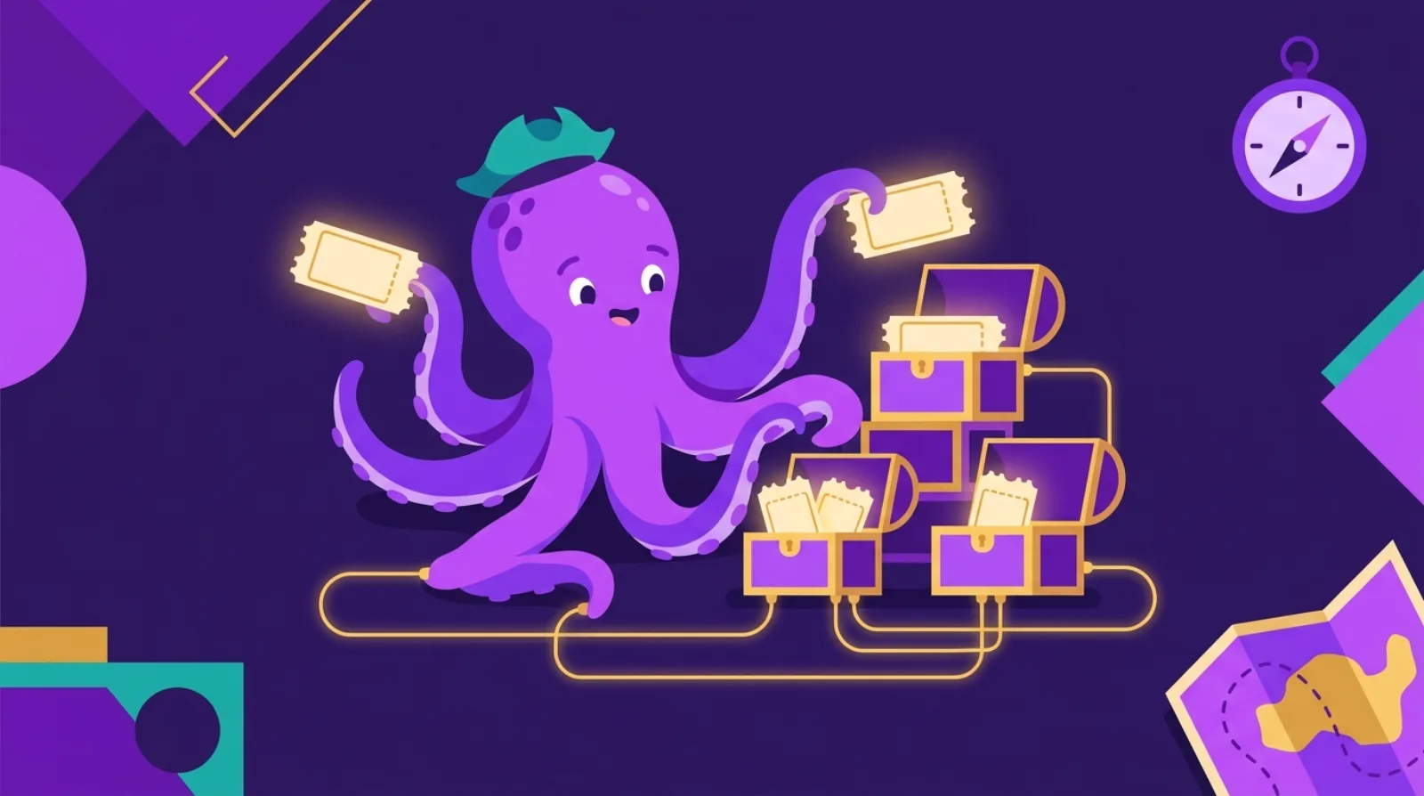 Flat illustration of a pirate-hat octopus mascot sorting glowing coupon tickets into treasure chests linked by network cables, dark purple background