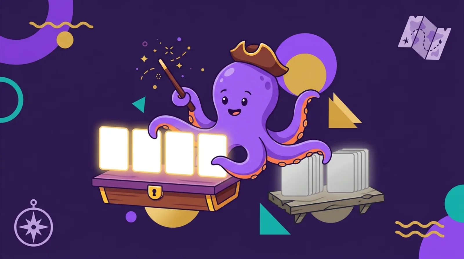 Flat illustration of a pirate-hat octopus mascot arranging glowing template and photo cards on a treasure shelf, dark purple background