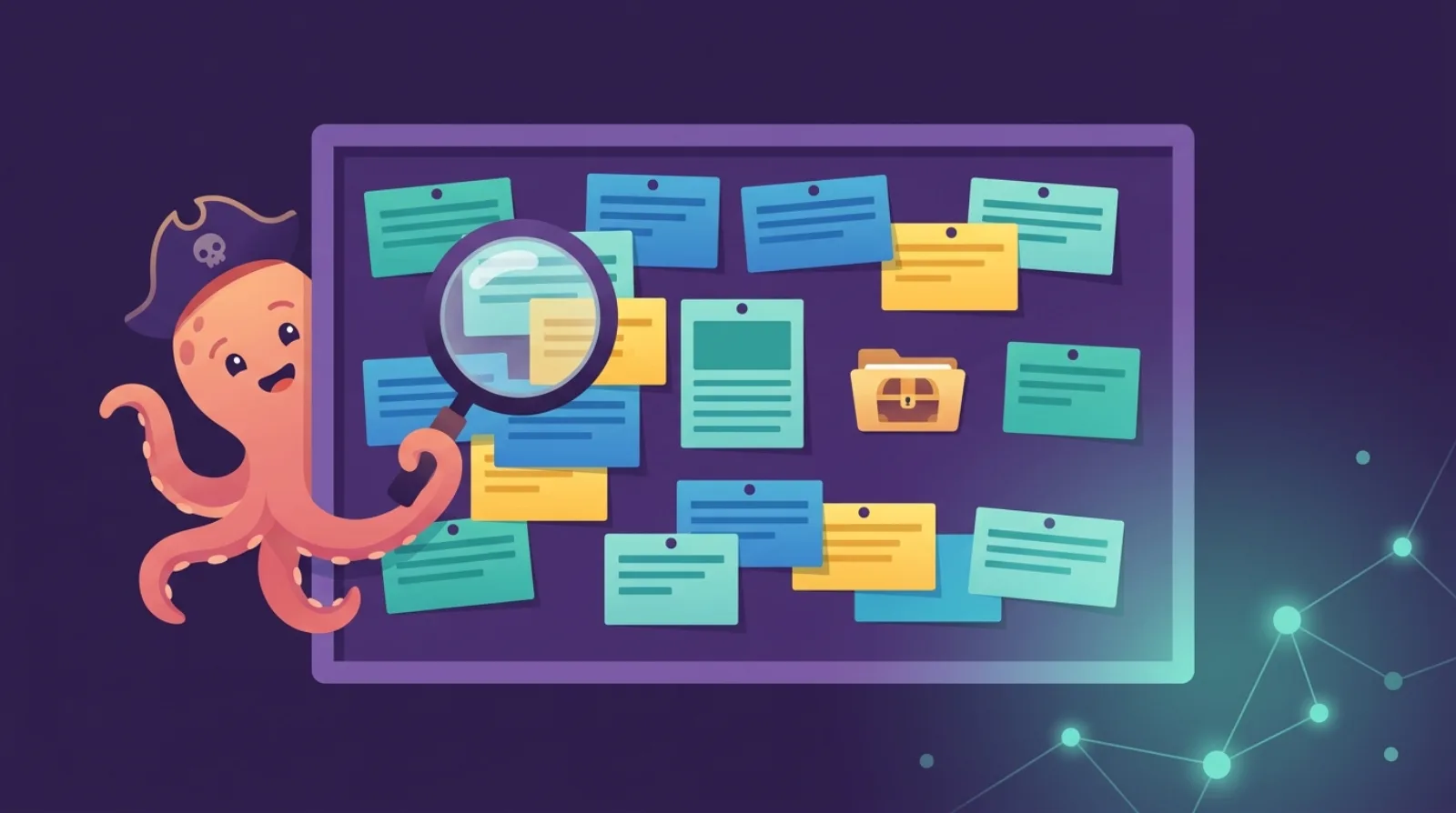 Flat illustration of a pirate-hat octopus mascot holding a magnifying glass over a bulletin board of colorful listing cards, dark purple background