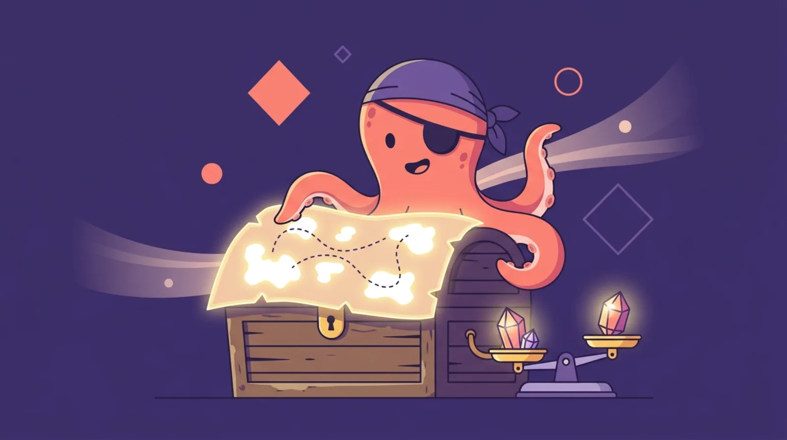 Flippy the pirate octopus of Flipagora studies a glowing treasure map with domain-name islands and a scale weighing golden .com gems, dark purple background