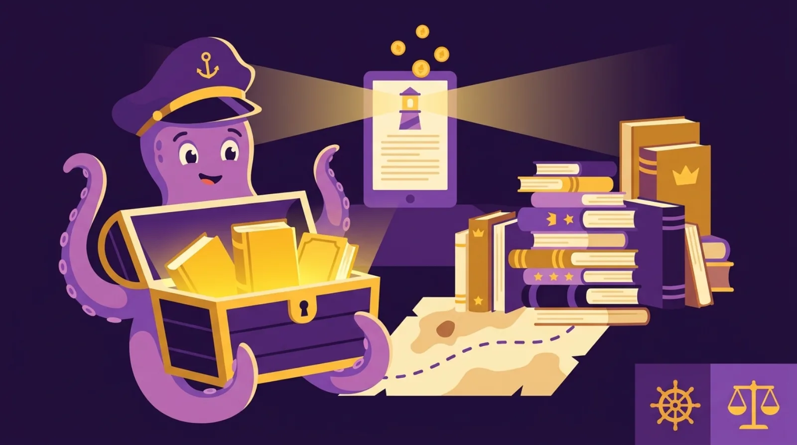 Octopus pirate mascot opens a treasure chest overflowing with glowing golden books beside a lighthouse-like e-reader, symbolizing buying a KDP publishing business