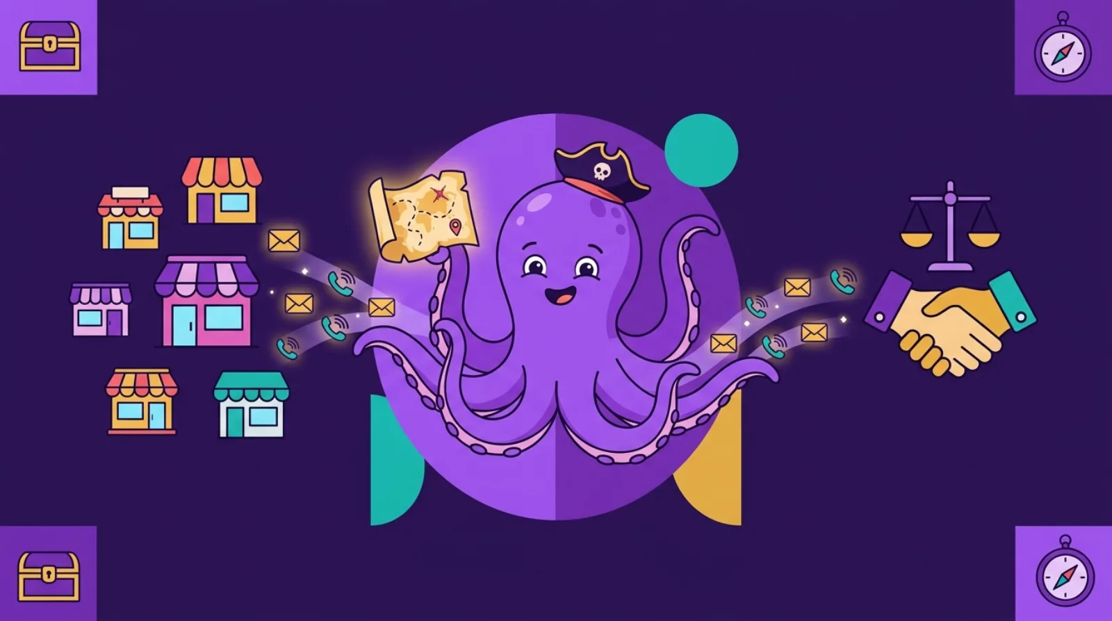 Flat illustration of a pirate-hat octopus mascot connecting a treasure map of local shopfronts to a stream of glowing lead cards, dark purple background
