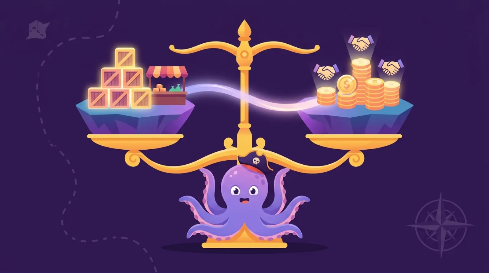 Flat illustration of a pirate-hat octopus mascot balancing a treasure scale between two glowing platforms of trade goods, dark purple background