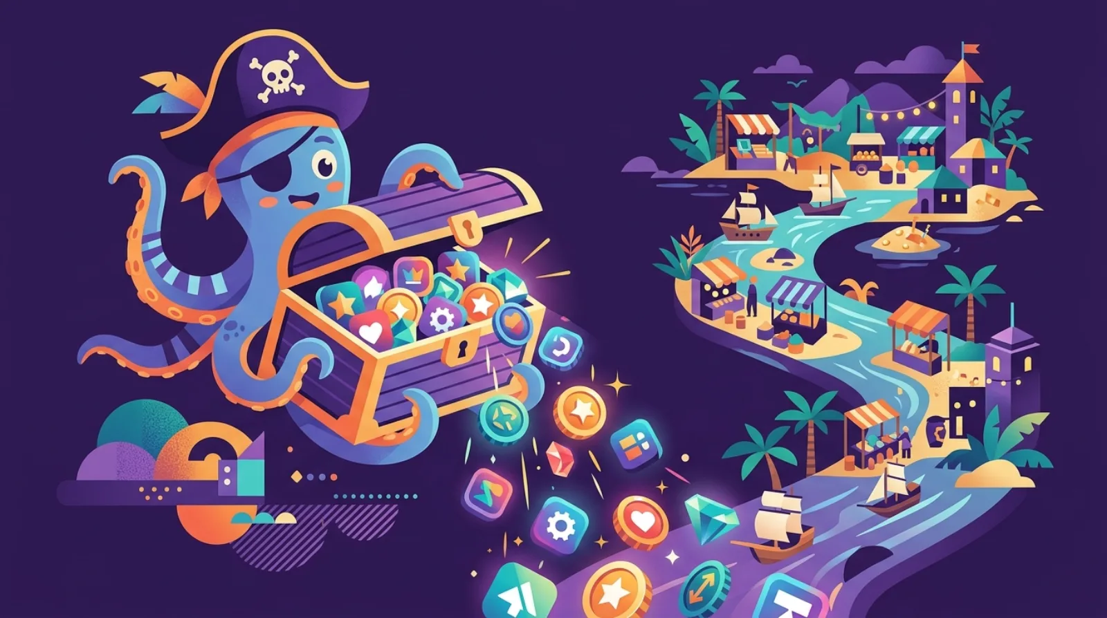 Flippy the pirate octopus mascot of Flipagora holding a smartphone-shaped treasure chest with app icons spilling out like coins, on a dark purple background, illustrating mobile app acquisitions