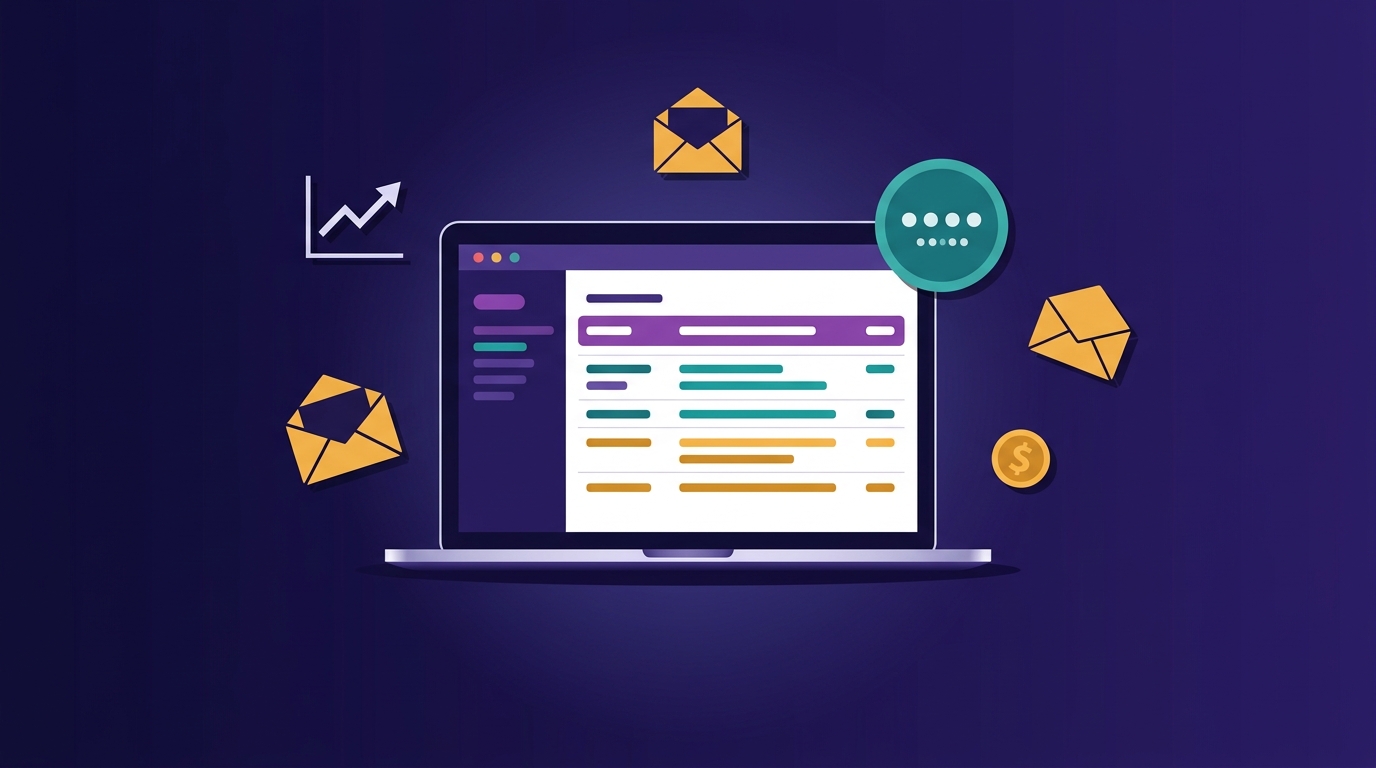 Editorial illustration of a newsletter inbox with subscriber growth chart, engagement metrics and acquisition checklist on a dark purple background