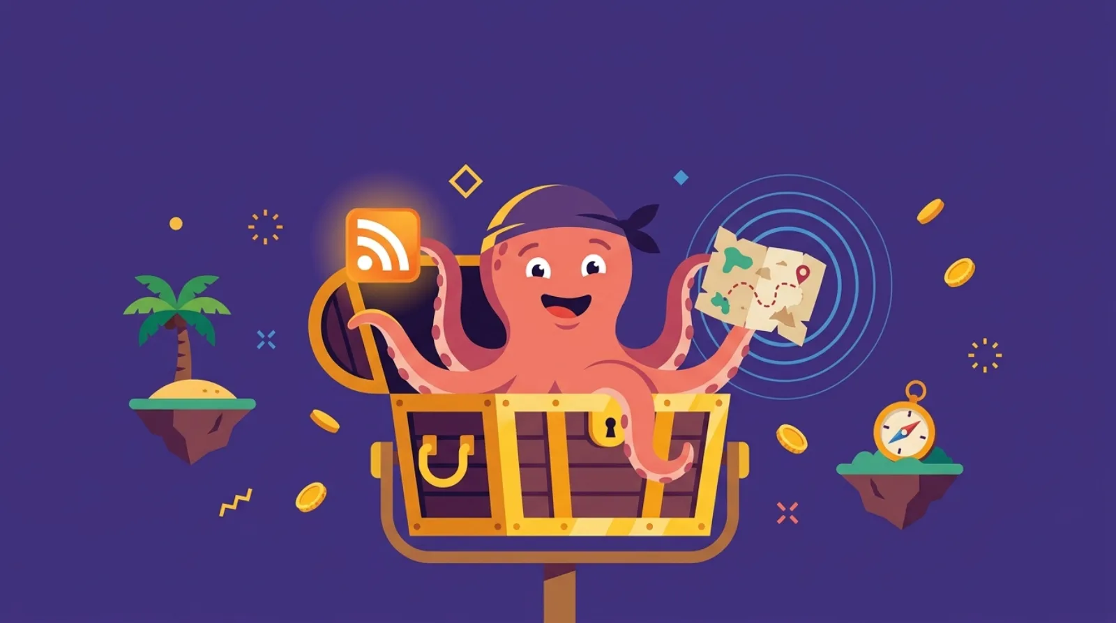 Flat illustrated pirate octopus mascot Flippy sits inside a treasure-chest microphone, holding a glowing RSS feed icon and a treasure map, dark purple background