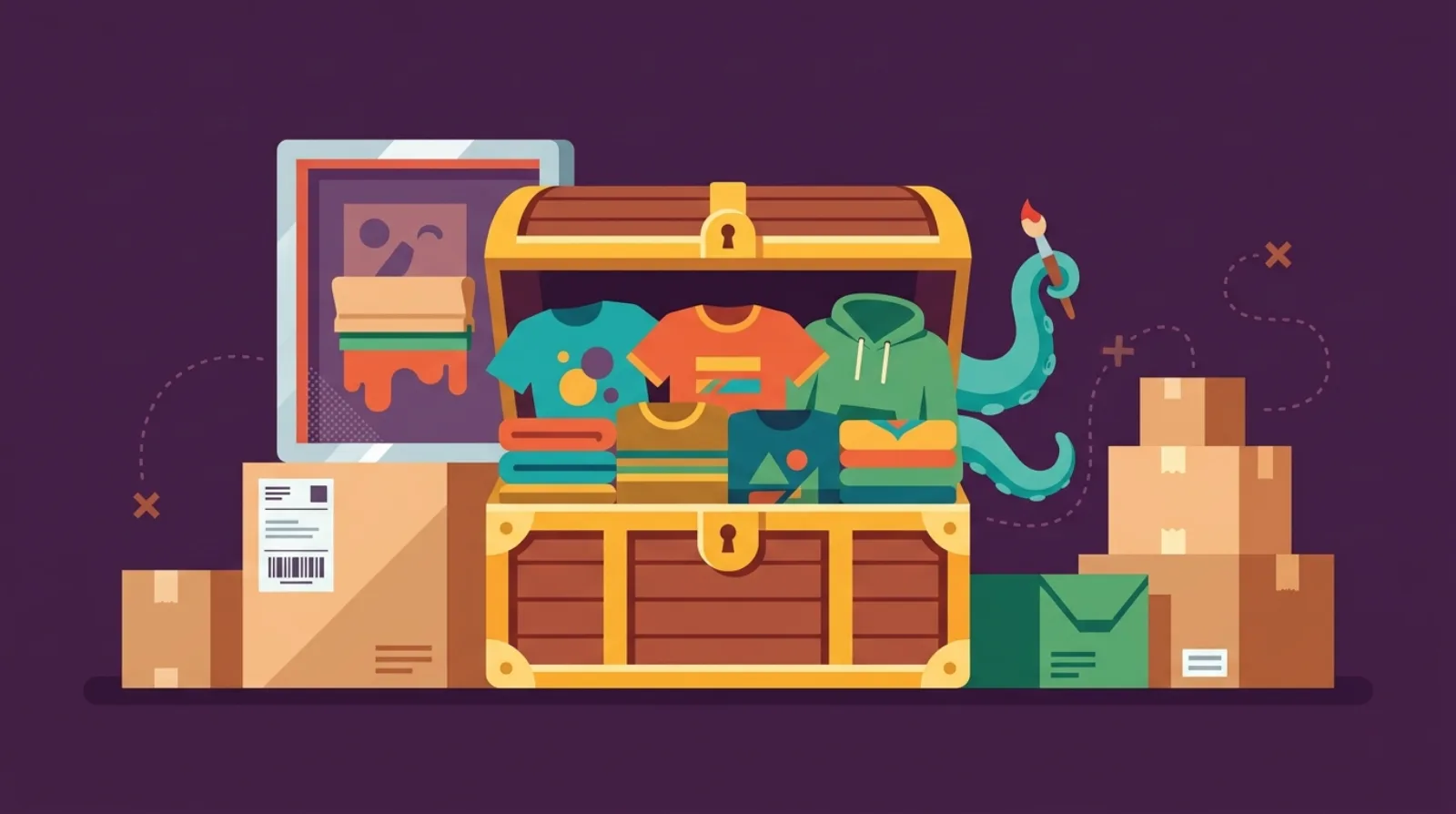 Editorial illustration of a treasure chest overflowing with printed t-shirt designs and shipping boxes on a dark purple background, representing a print-on-demand business acquisition