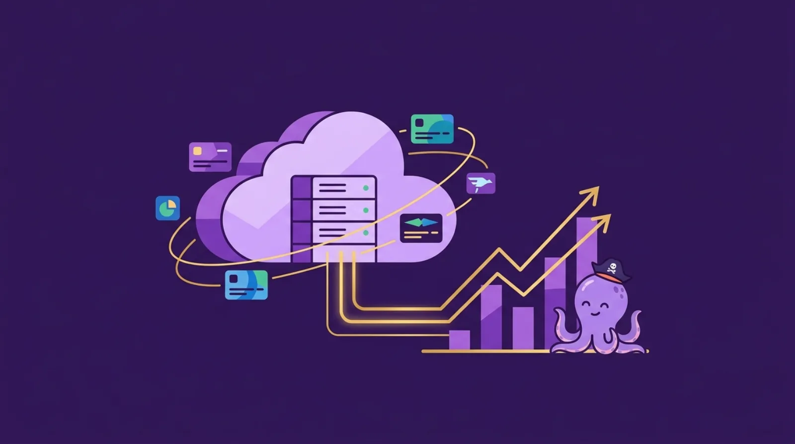 Flat editorial illustration of a cloud containing a server rack connected to an ascending growth chart and an octopus mascot — how to buy a SaaS business
