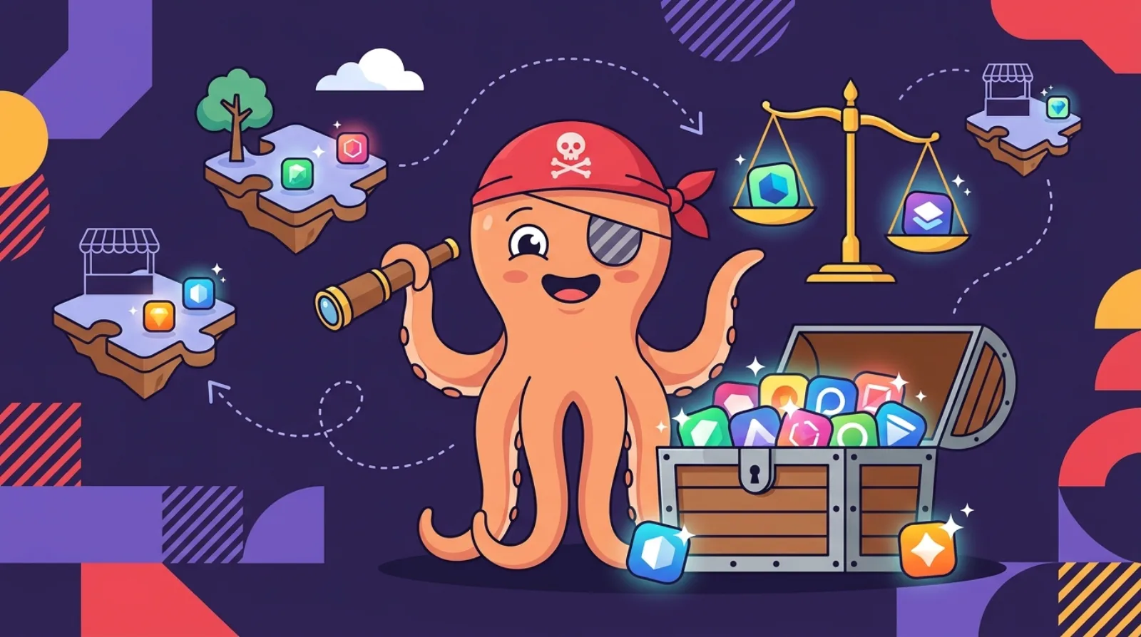 Flat illustration of a treasure chest filled with glowing app-icon gems balanced on a scale, on a dark purple background with a friendly octopus pirate mascot peeking from behind a ship's wheel.