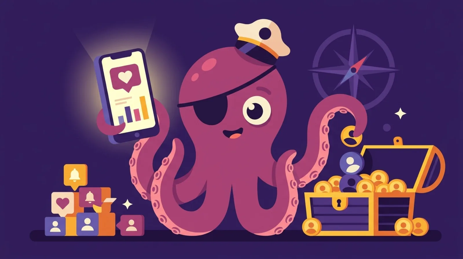 Flippy the pirate octopus holds a glowing phone with a heart icon above a treasure chest of follower icons, symbolizing social media account acquisition due diligence.