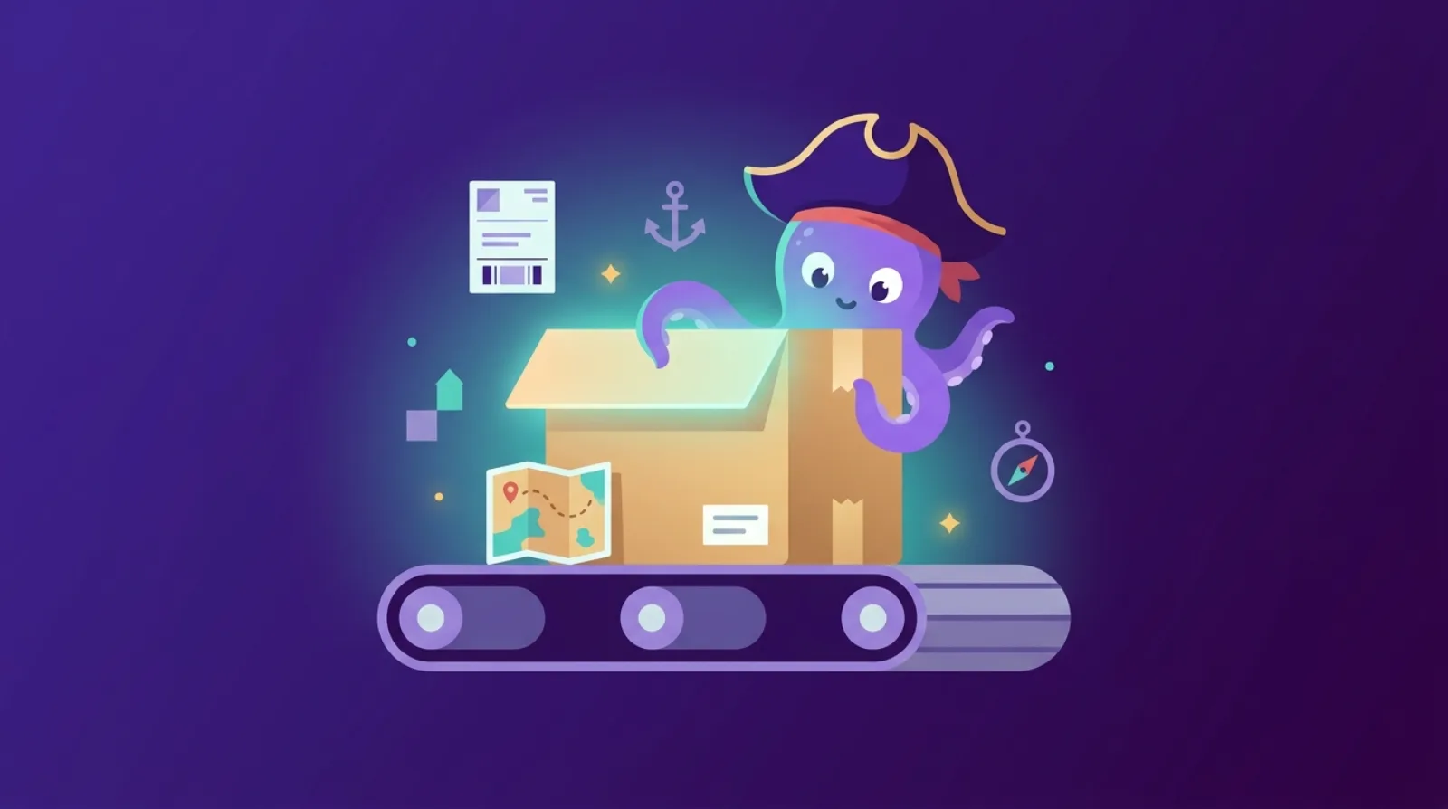 Flat illustration of a glowing subscription box on a conveyor belt with a treasure map, dark purple background, pirate octopus mascot peeking out.
