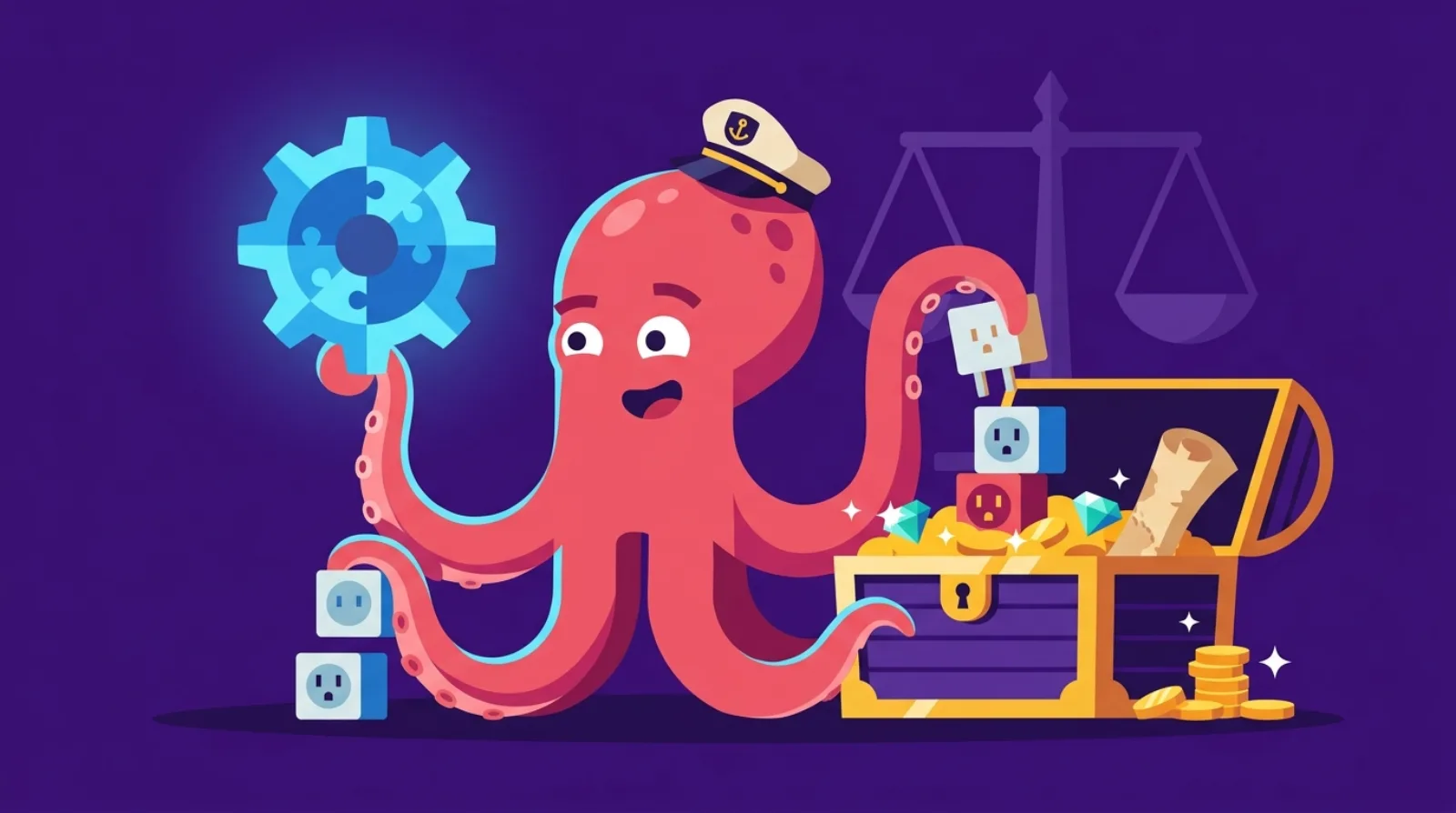 Flippy the pirate octopus holds a glowing gear and stacks plugin blocks into a treasure chest, symbolizing WordPress plugin business due diligence.