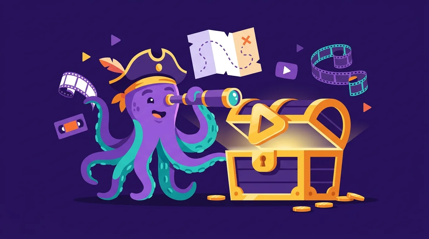 Flippy the pirate octopus of Flipagora studies a glowing play-button treasure chest with video reels floating nearby, dark purple background