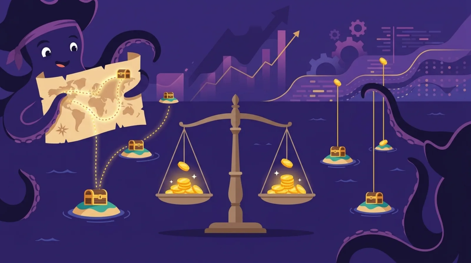 Editorial illustration of a treasure map and scales of valuation surrounded by streams of coins flowing from marketplace icons, representing an affiliate marketing website acquisition, on a dark purple background