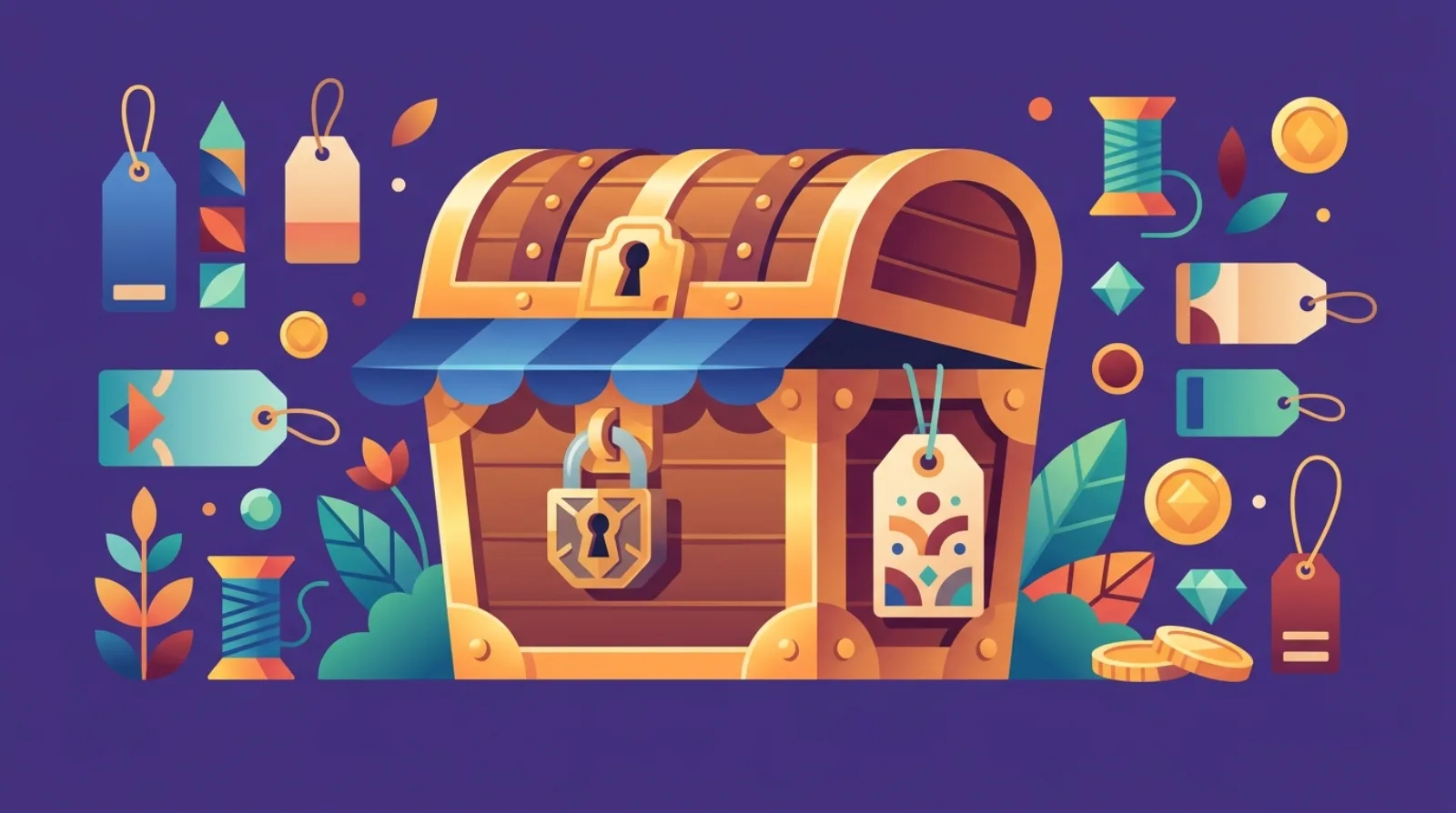 Flat illustration of a treasure chest styled as a small shop storefront with a padlock and handmade-goods gift tags, surrounded by thread spools and price tags, dark purple background