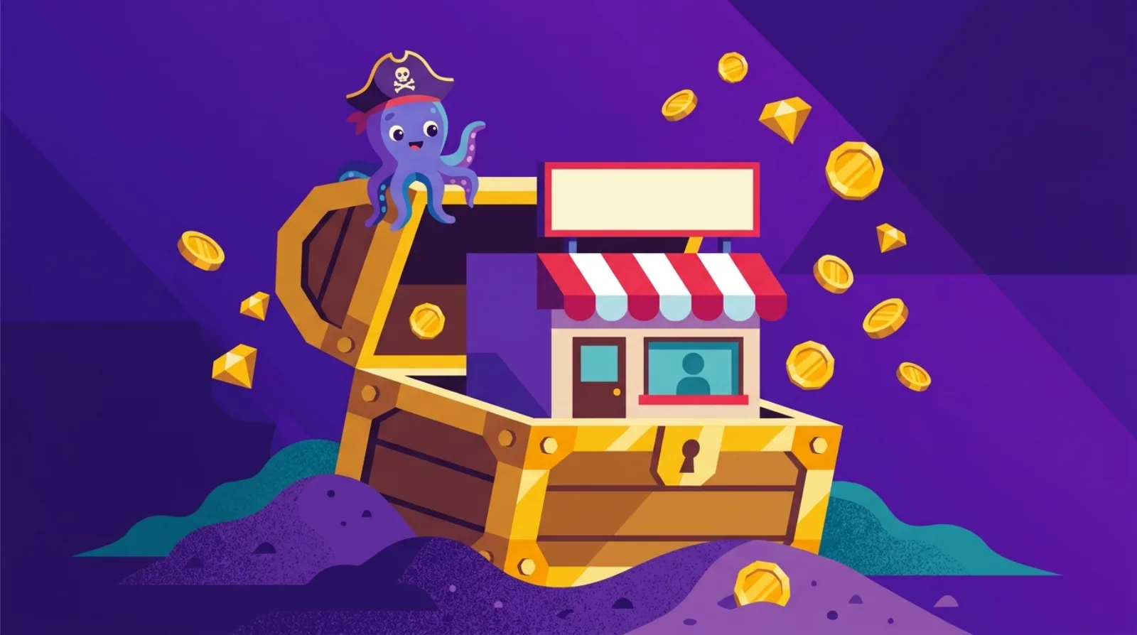 Flat editorial illustration of an open golden treasure chest with a small storefront emerging from inside, surrounded by floating gold coins and an octopus mascot — buying an existing e-commerce business