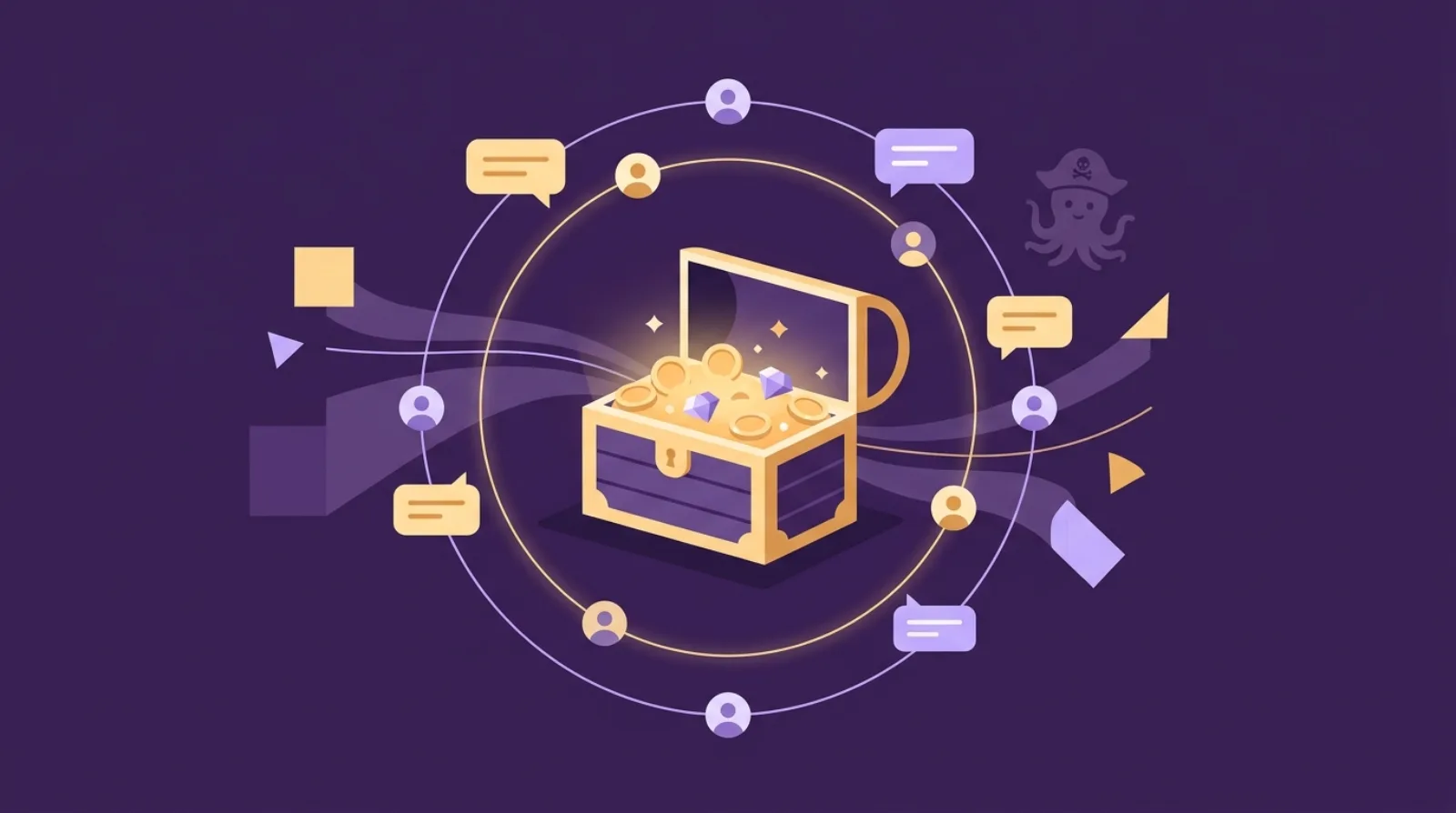 Editorial illustration of a treasure chest surrounded by connected member avatars and chat bubbles on a dark purple background, representing an online paid community acquisition