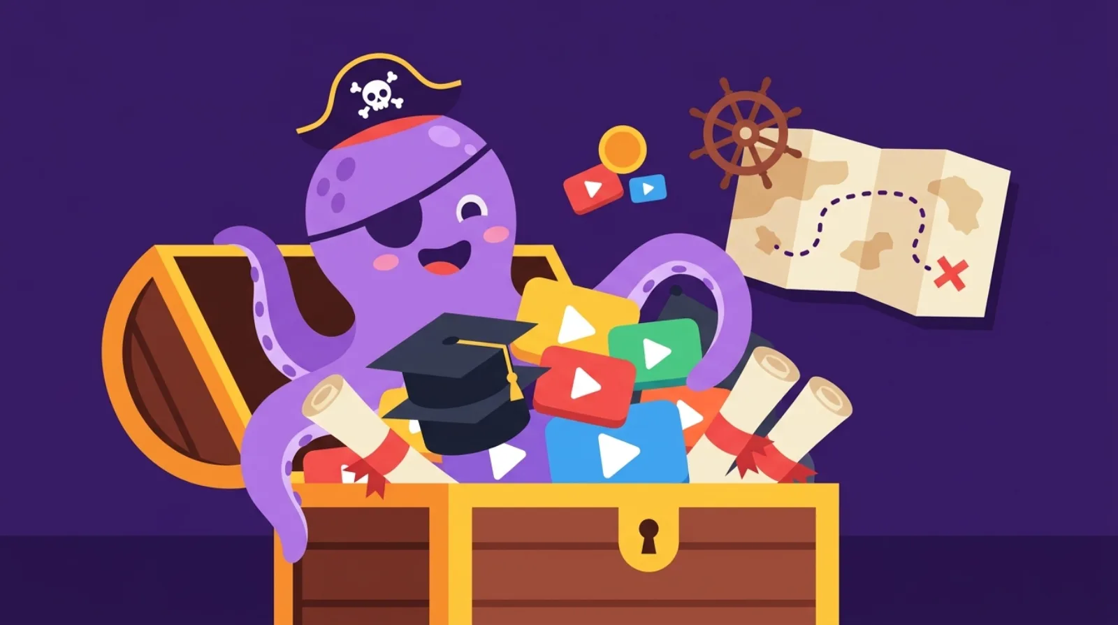 Flippy the pirate octopus opens a treasure chest overflowing with graduation caps, video-lesson play buttons, and diploma scrolls, symbolizing the acquisition of an online course business.