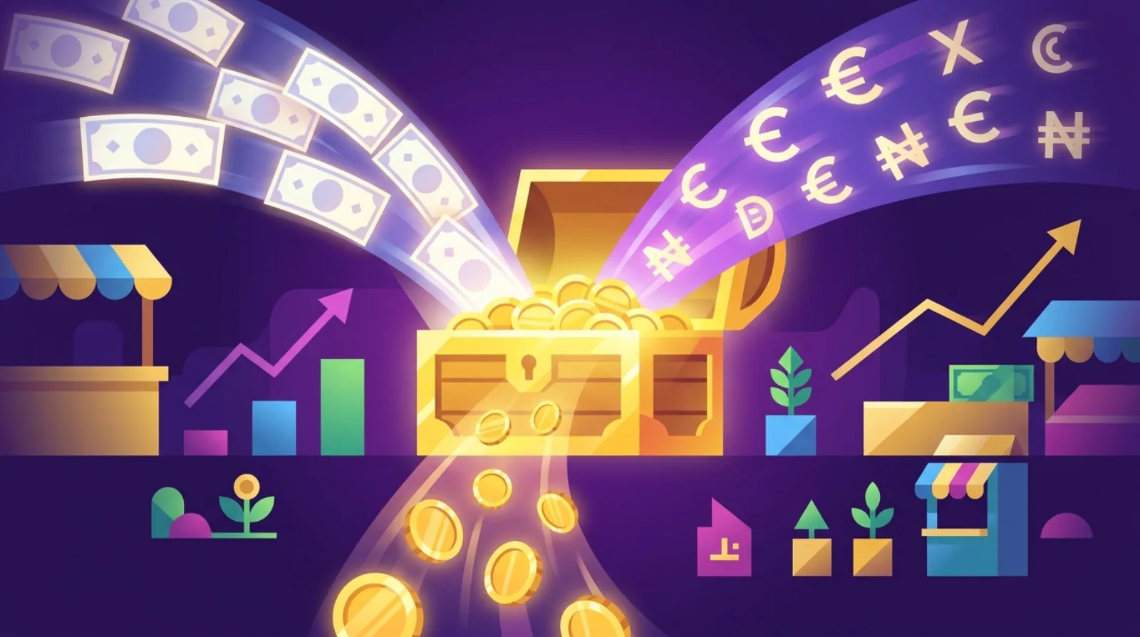 Flat editorial illustration of a treasure chest connected to multiple capital streams symbolising the financing of an online business acquisition