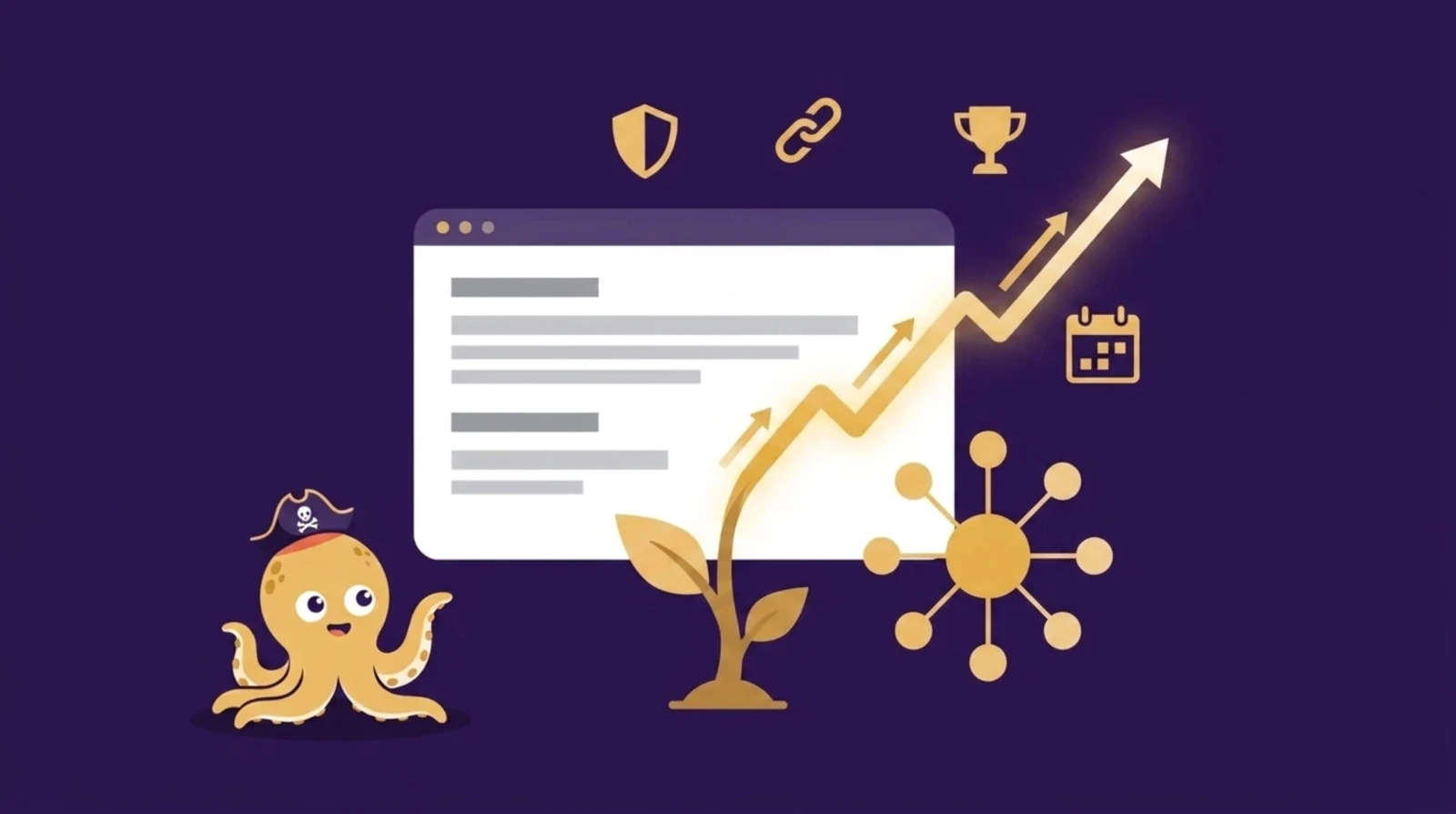 Editorial illustration of a content website growing after acquisition: a browser window with a rising gold traffic-growth arrow, a hub-and-spoke topical authority cluster, and a sprouting seedling, with the Flipagora pirate octopus mascot looking on