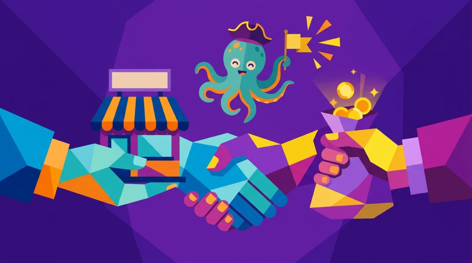 Flat editorial illustration of two hands shaking — one passing a small storefront, the other a bag of gold coins — with an octopus mascot celebrating above, symbolising the sale of an online business