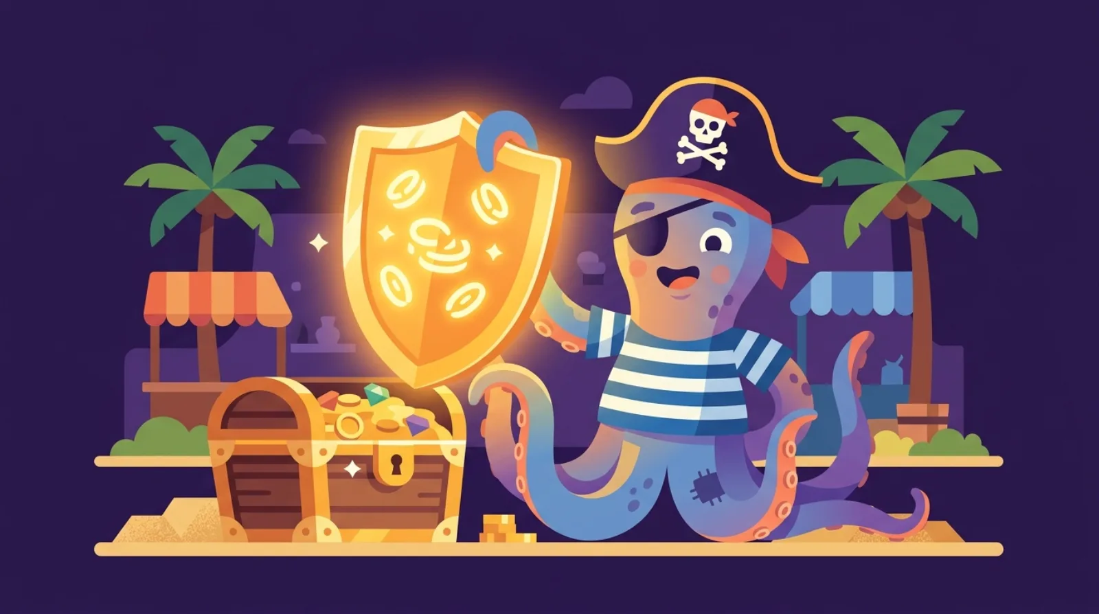 Flat editorial illustration of Flippy the pirate octopus mascot holding a glowing shield over a treasure chest, symbolizing insurance coverage