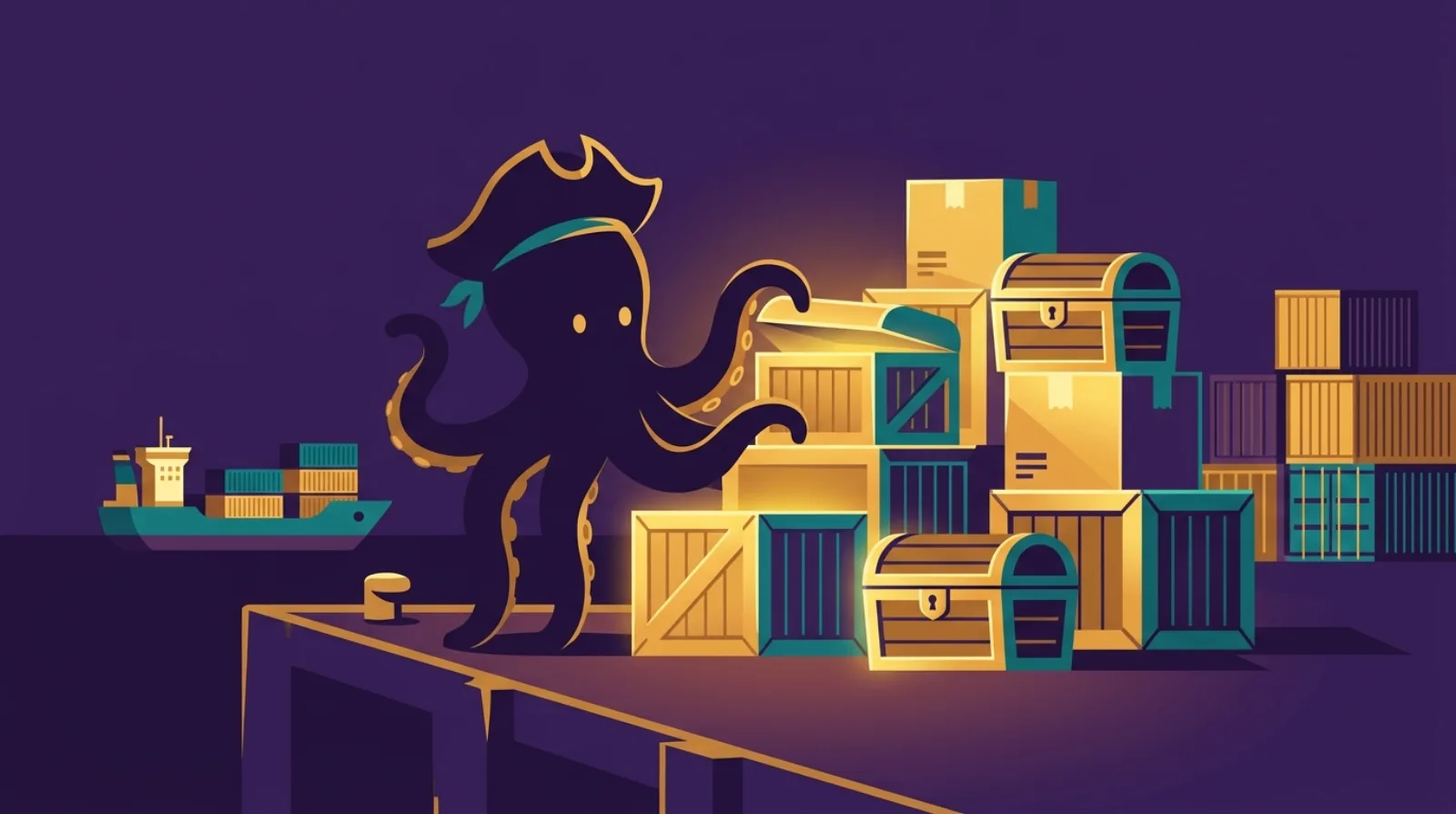 Flippy the pirate octopus inspects glowing treasure crates stacked on a dock, symbolizing inventory and supply chain due diligence